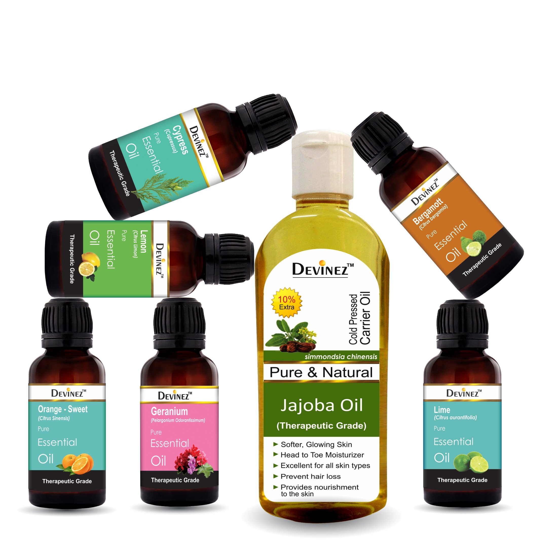 Devinez Pack of 7 Essential/ Carrier Oils, Jojoba - 110ml, Bergamot-10ml, Cypress-10ml, Geranium-10ml, Lemon-10ml, Lime-10ml, Orange-Sweet-10ml, For Red Marks and Dark Spots, best essential oils For Oily Skin
