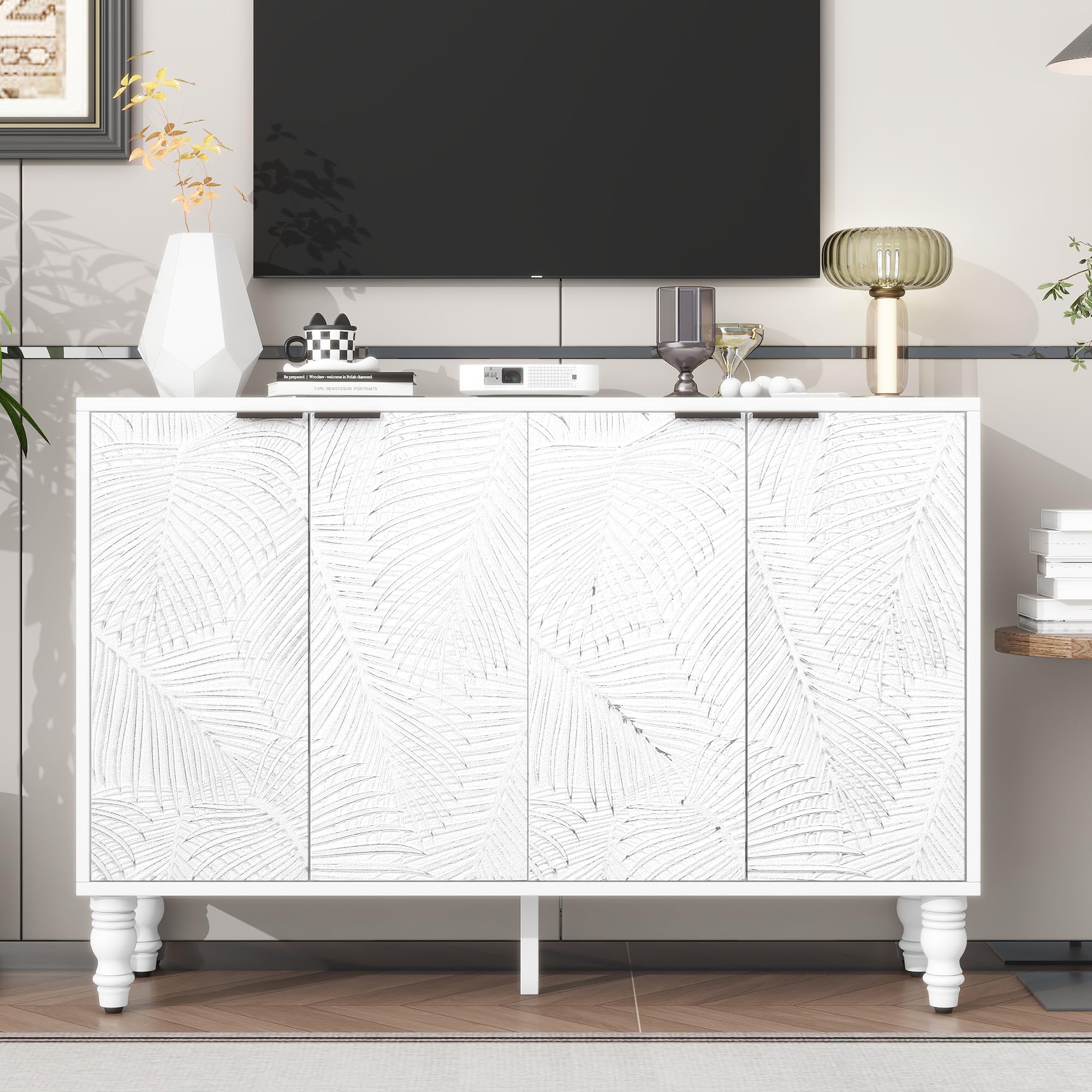 TV Stand, Modern Entertainment Center for TVs Up to 43", TV Console Table with 2 Spacious Storage Space, Solid Wood Legs, Anti-tip Device, Media