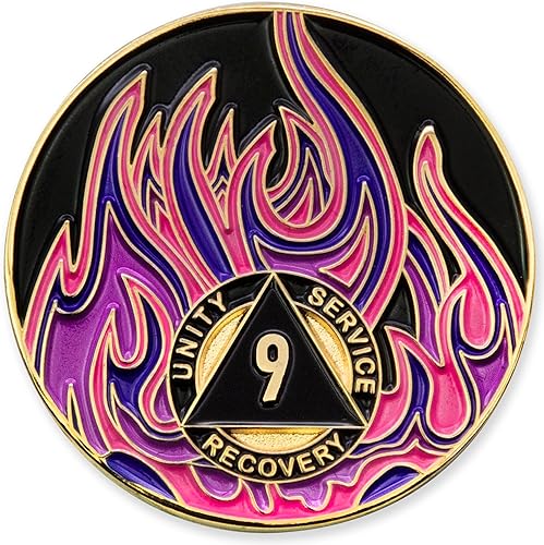 9 años Sobriety Mint Twisted Flames Medallón de Recuperación AA chapado en oro - NegroRosaPúrpuraAzul