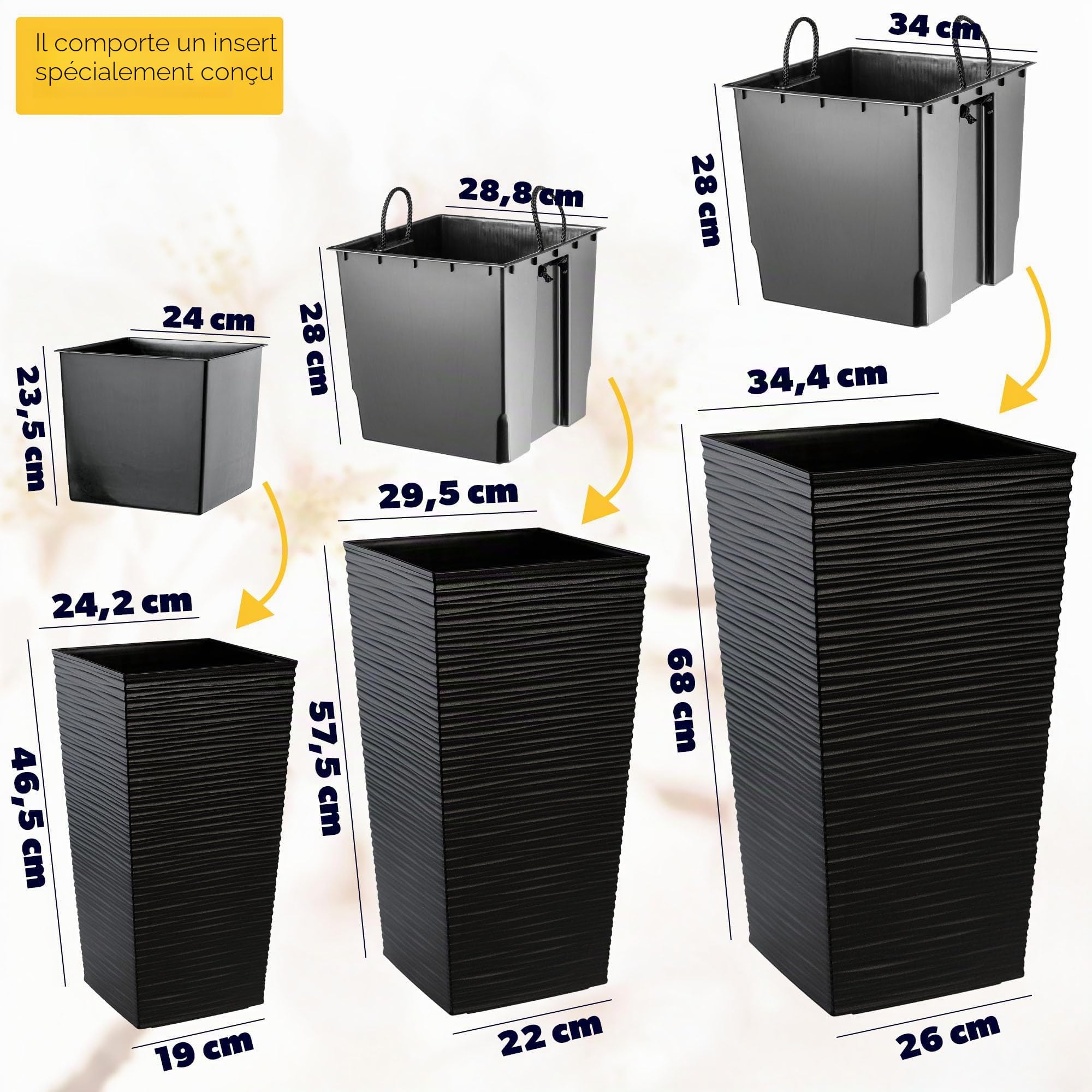 KADAX Lot de 3 Set de 3 Pots de Fleurs Hauts – H 46,5/57,5/68 cm – Noir – intérieur/extérieur – pour Balcon, Jardin ou Salon