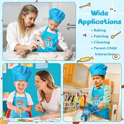 Miniatura 247 de R HORSE Juego de 2 delantales para niños y sombrero de chef, delantal de cocina azul ajustable para niños, kit de pintura y entrenamiento