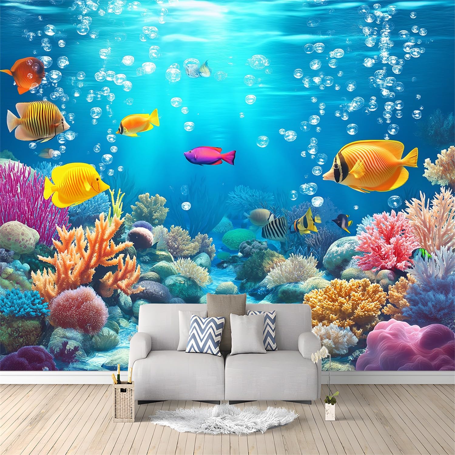 Underwater Ocean Wall Mural Wallpaper, Tropical Fish and Coral Reef Design, Blue Sea Theme Photo Wallpaper, 200 x 140 cm (W x H), Decorative Modern Wall Mural for Bedroom and Living Room