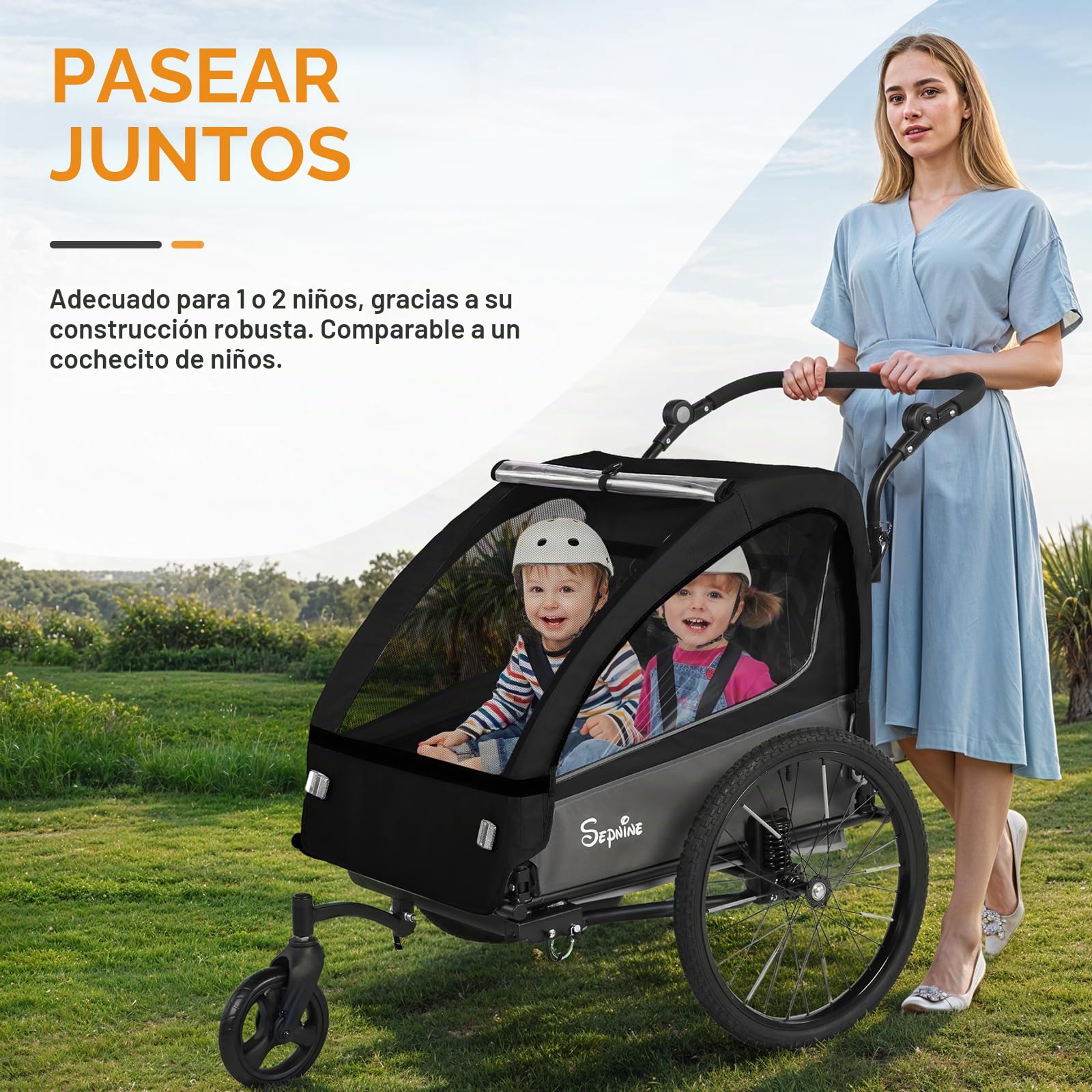 SEPNINE Remolque Infantil 2 en 1 y Cochecito con suspensión, Remolque de Bicicleta para 1 a 2 niños máximo, función de Jogger, Plegable, Amplio Maletero