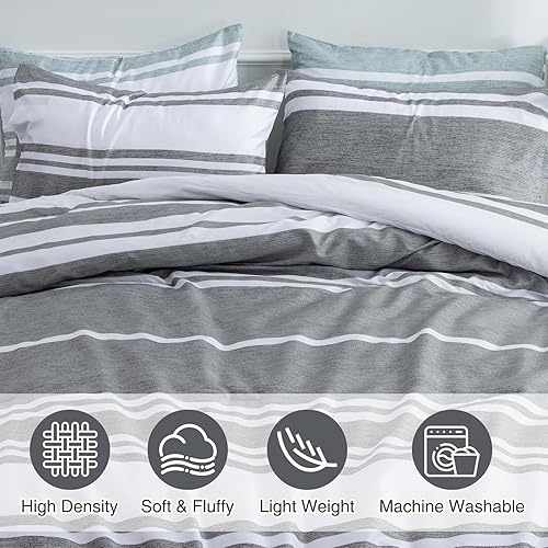 Miniatura 6 de A Nice Night Juego de ropa de cama gris y blanco, 3 piezas a rayas alternativas, reversible, suave, ligero, moderno, para todas las estaciones,