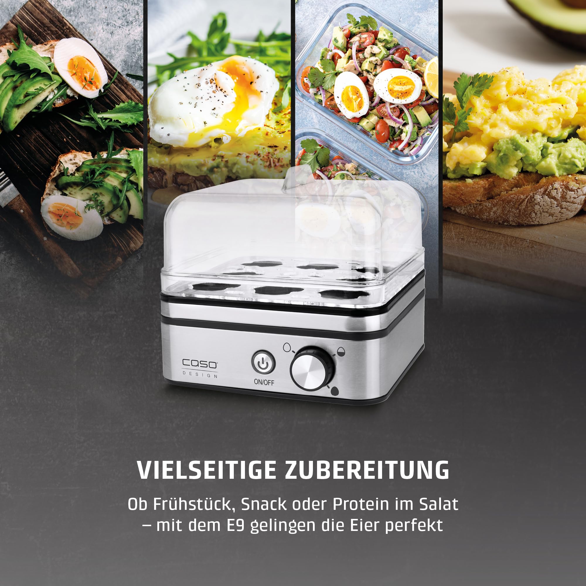 CASO E 9 - Design Eierkocher, Testurteil: Sehr Gut, elektronischer Eierkocher für bis zu 8 Eier, akustisches Signal, inkl. Messbecher und Eipicker und zwei Pochierschalen