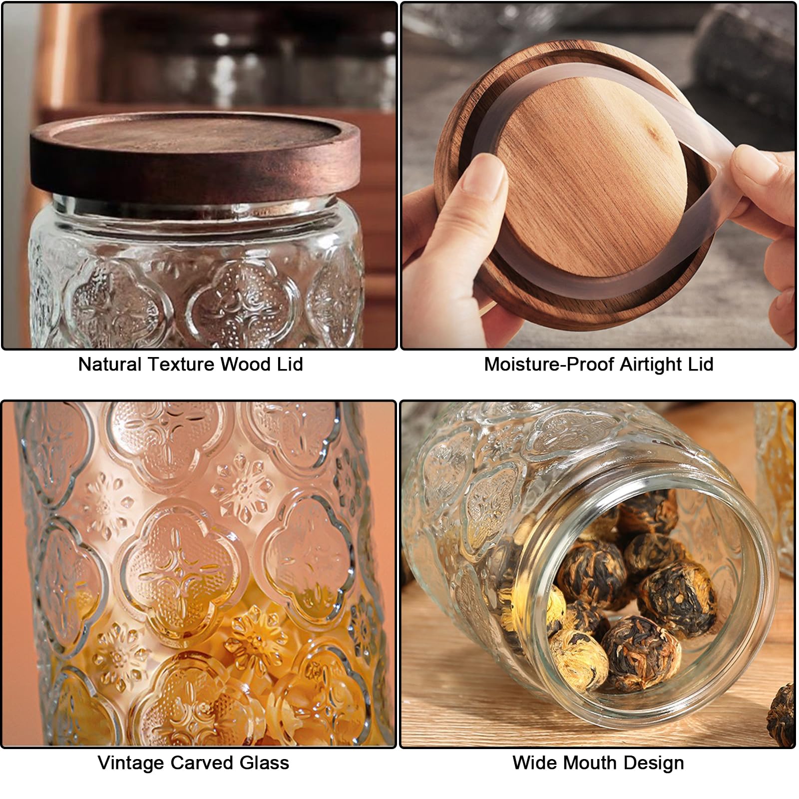 Juego de 2 tarros de cristal con tapa de 1000 ml, herméticos para cocina, tarros de especias grandes con tapa de madera para cocina, despensa, granos de café, harina, avena, cereales, pasta