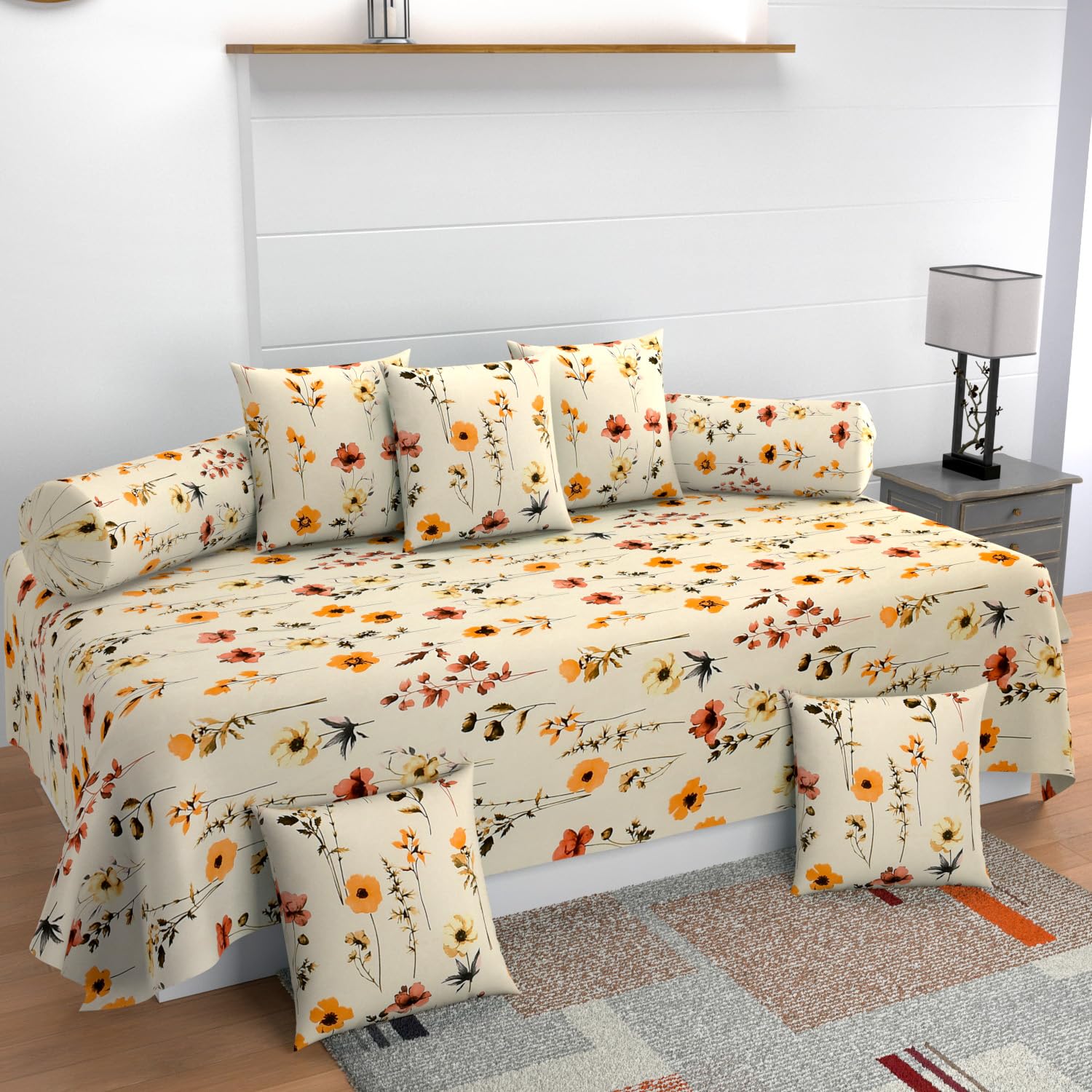 MANIQATEX Floral Print Diwan Set with 5 Cushions and 2 Bolsters, Cream and Orange-image-46