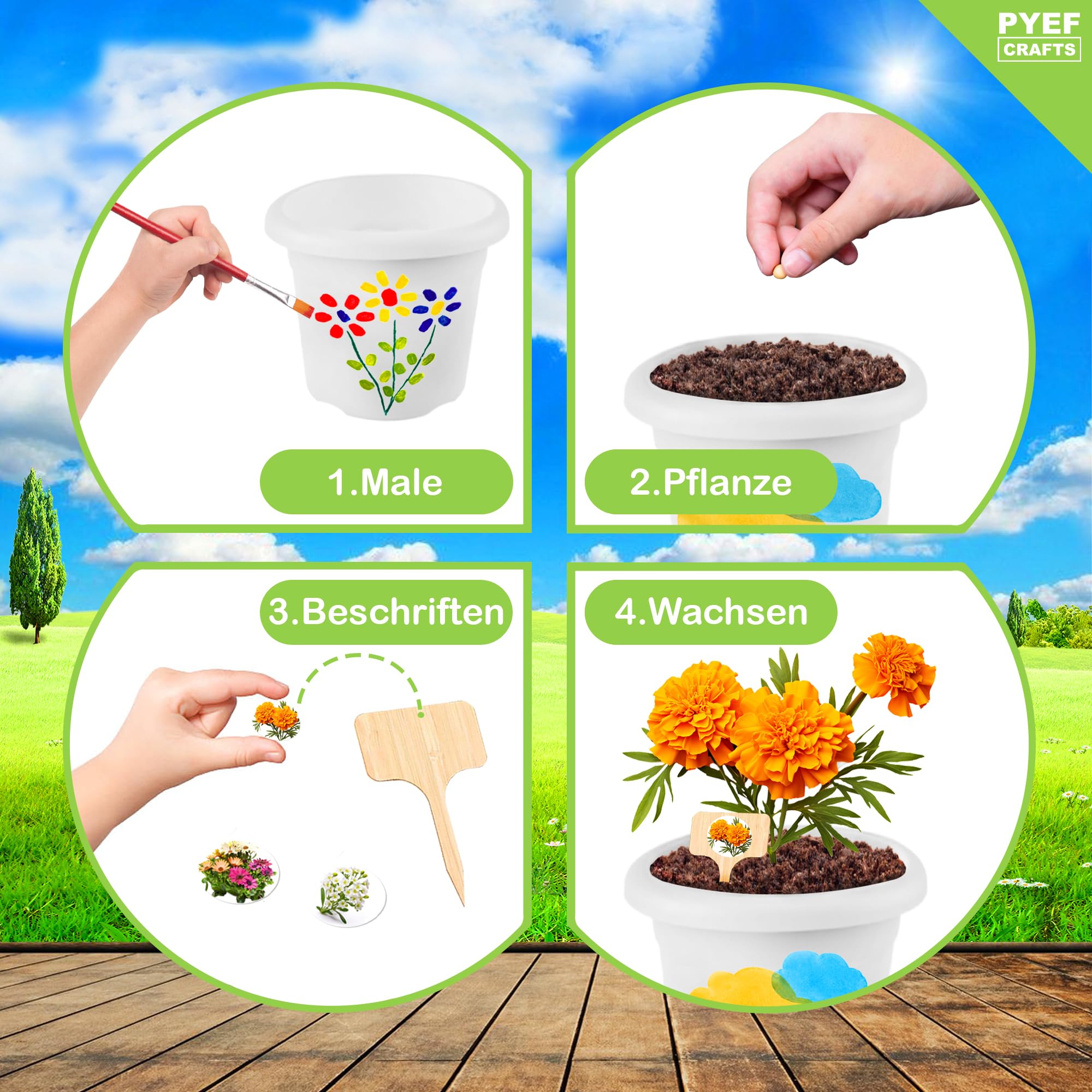 PYEF CRAFTS Pflanzset Kinder Anzuchtset Kinder Gartenset - Gärtner Set & Blumen Anzuchtset - Gartenset Pflanzen Set - Mini Garten Anzuchtsets für Blumen & Kräuter