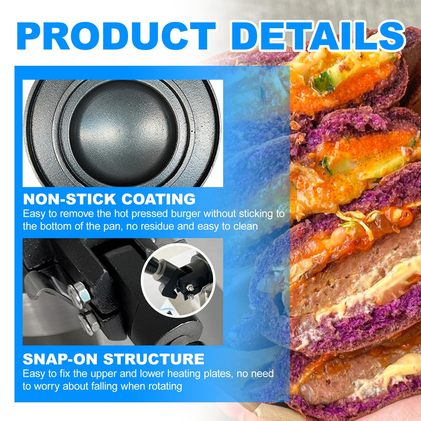 Máquina para hacer waffles y hamburguesas comercial, panel de control con pantalla digital, calentamiento de doble cara de 50 a 220 ℃, temporizador de 0 a 9'59", máquina para hacer hamburguesas eléc