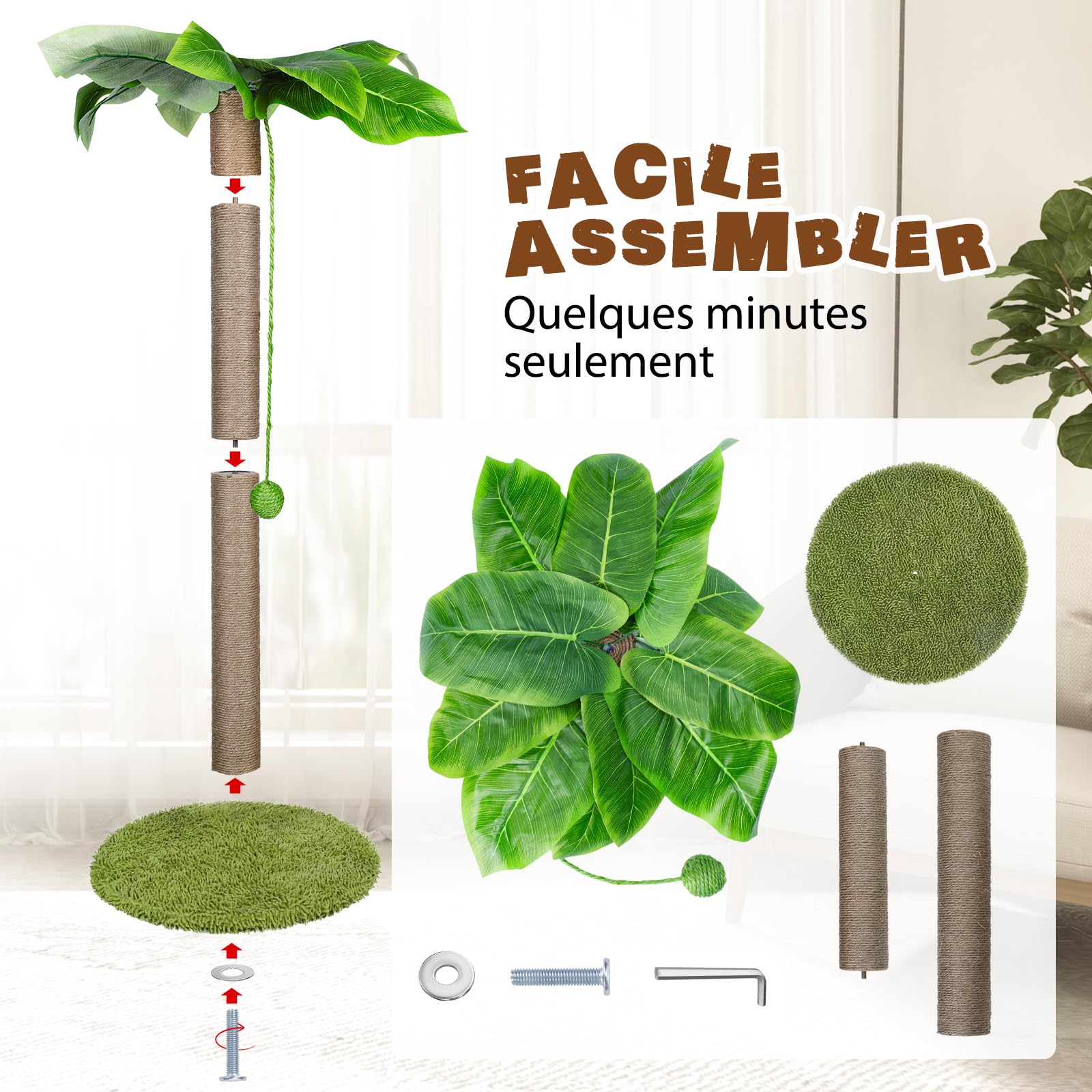 Masthome Griffoir pour Chats, 85 Cm Poteau Chat, Colonne en Sisal Naturel et Base de Couverture en Moquette Douce avec Boule Suspendue, Griffoir pour Chats de Tous âGes - Vert
