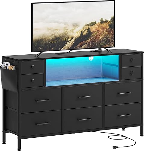 Miniatura 15 de YITAHOME Soporte de TV con estación de carga, cómoda de 9 cajones para TV de 55 pulgadas, soporte negro con bolsillos laterales, tela para sala de A