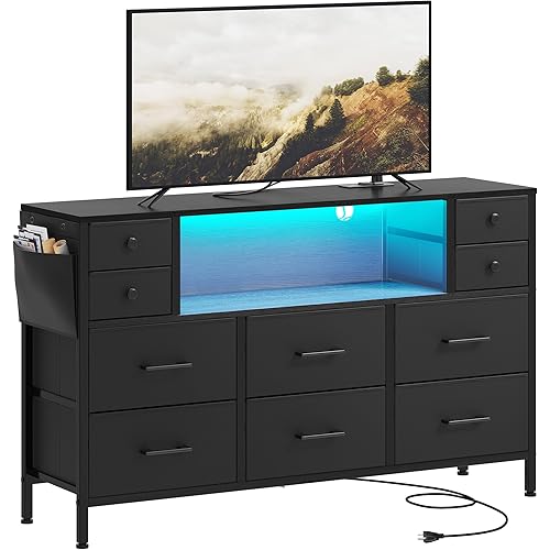 YITAHOME TV Stand with Charging Station, Dresser TV Stand for 55'', 10 Drawer Dresser for Room, Media TV Console Table with Side Pockets & Hooks, Storage Fabric Drawer Unit for Room