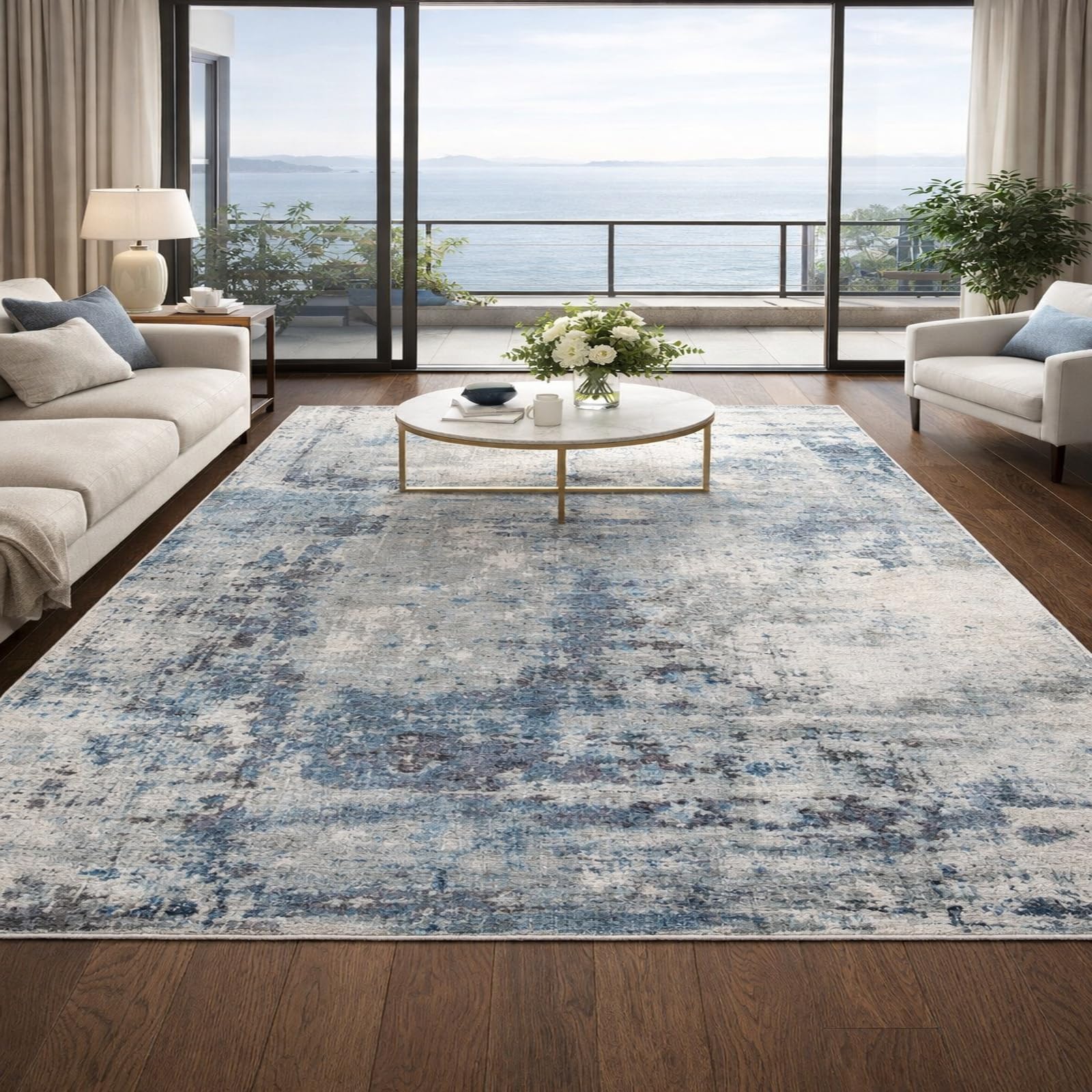 Tapis abstrait moderne bleu carré 150x150 cm avec dossier antidérapant intégré