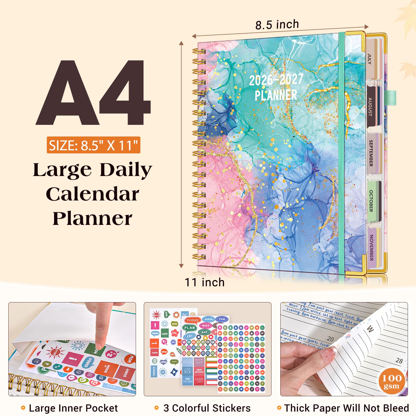 Akademischer Planer A4 18 Monate 2026-2027, Wochen- und Monatskalender Planer von Juli 2026 - Dezember 2027, Hardcover Lederbuch mit Registerkarten, Tagesplaner für College, Schule, Lehrer, Schüler