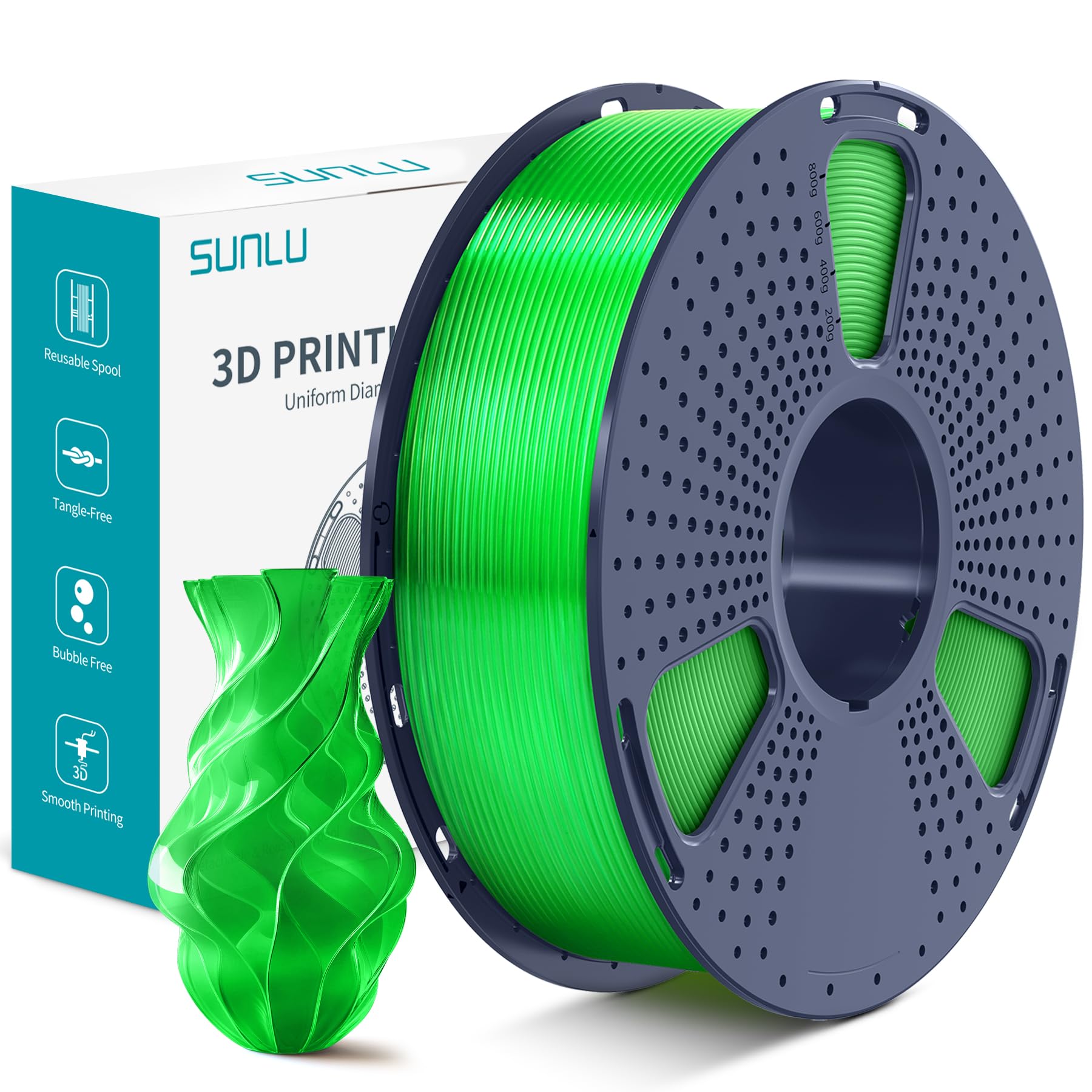 SUNLU PLA Plus filamento per stampante 3D, Filamento PLA+ 1.75 mm, Resistenza migliorata Compatibile con stampanti 3D, Precisione dimensionale +/- 0.02mm, Bobina da 1kg (2,2LBS), Verde Trasparente