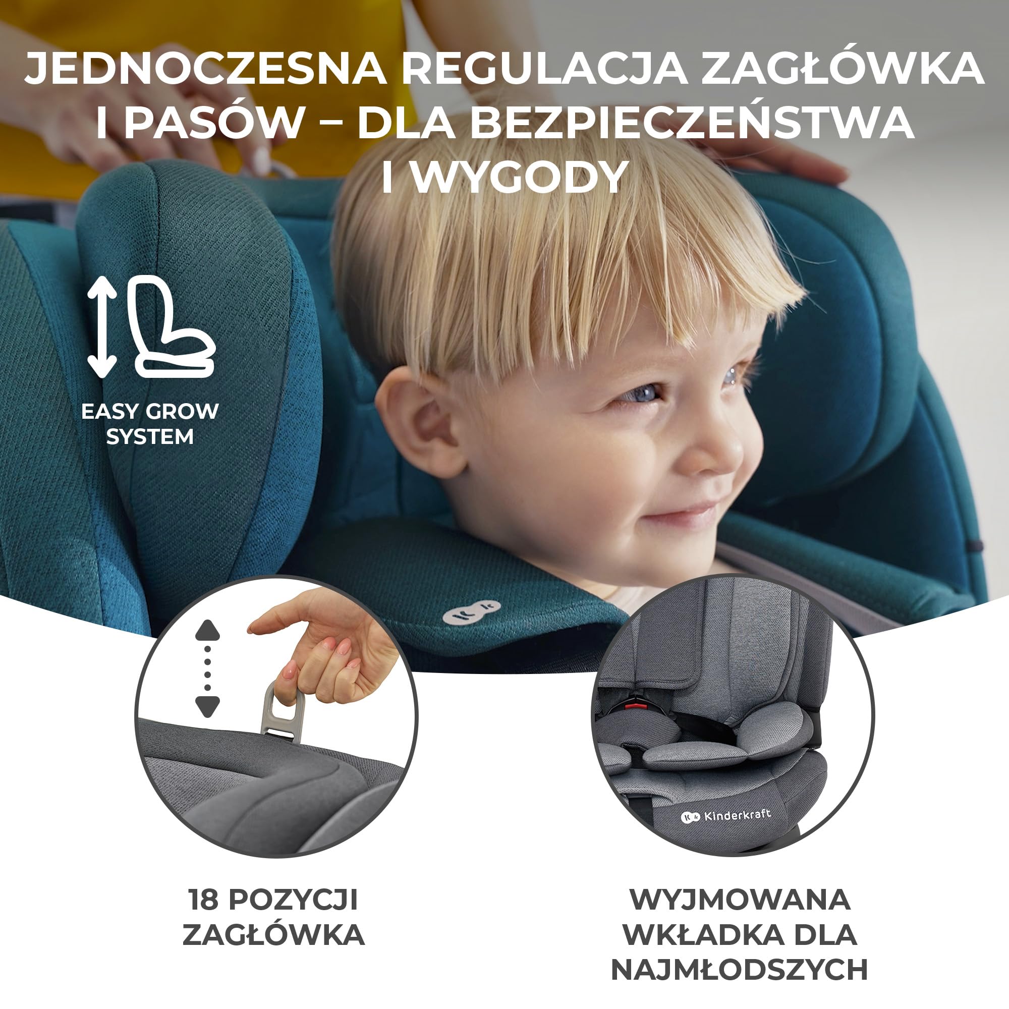 Kinderkraft ONETO3 Fotelik samochodowy z bazą, I-Size 76 do 150 cm, Systemy bezpieczeństwa, Isofix, Reclining, Wzmocniony zagłówek, Wkładka dla najmłodszych, Grupa wiekowa 1/2/3, do 36 kg, Niebieski