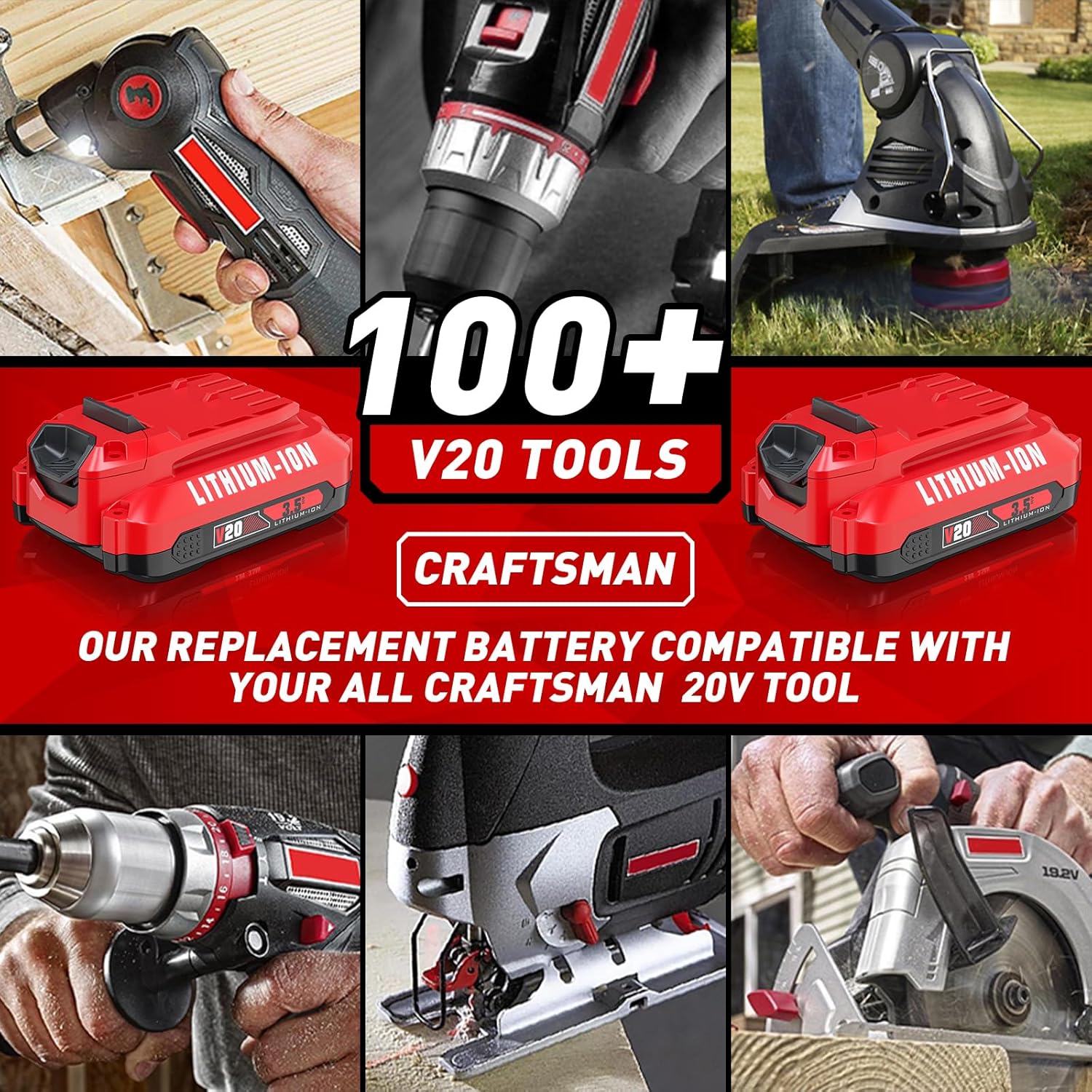 Bonadget 2Pack 3.5Ah Battery and Charger Set for Craftsman 20V Battery Replacement for Craftsman V20 CMCB202 CMCB2011 CMCB205 Lithium-ion Battery with CMCB104 Charger Set - Image 6