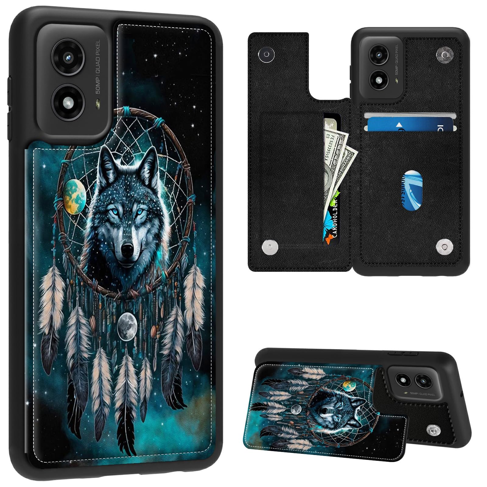 FUYOCWE Case for Motorola MOTO G Play 2024 Phone Case Wallet with Card Holder,Dram Catcher Wolf PU Leather kickstand Card Slot Cover for Women Men (Dual Magnetic Clasp+RFID Blocking)