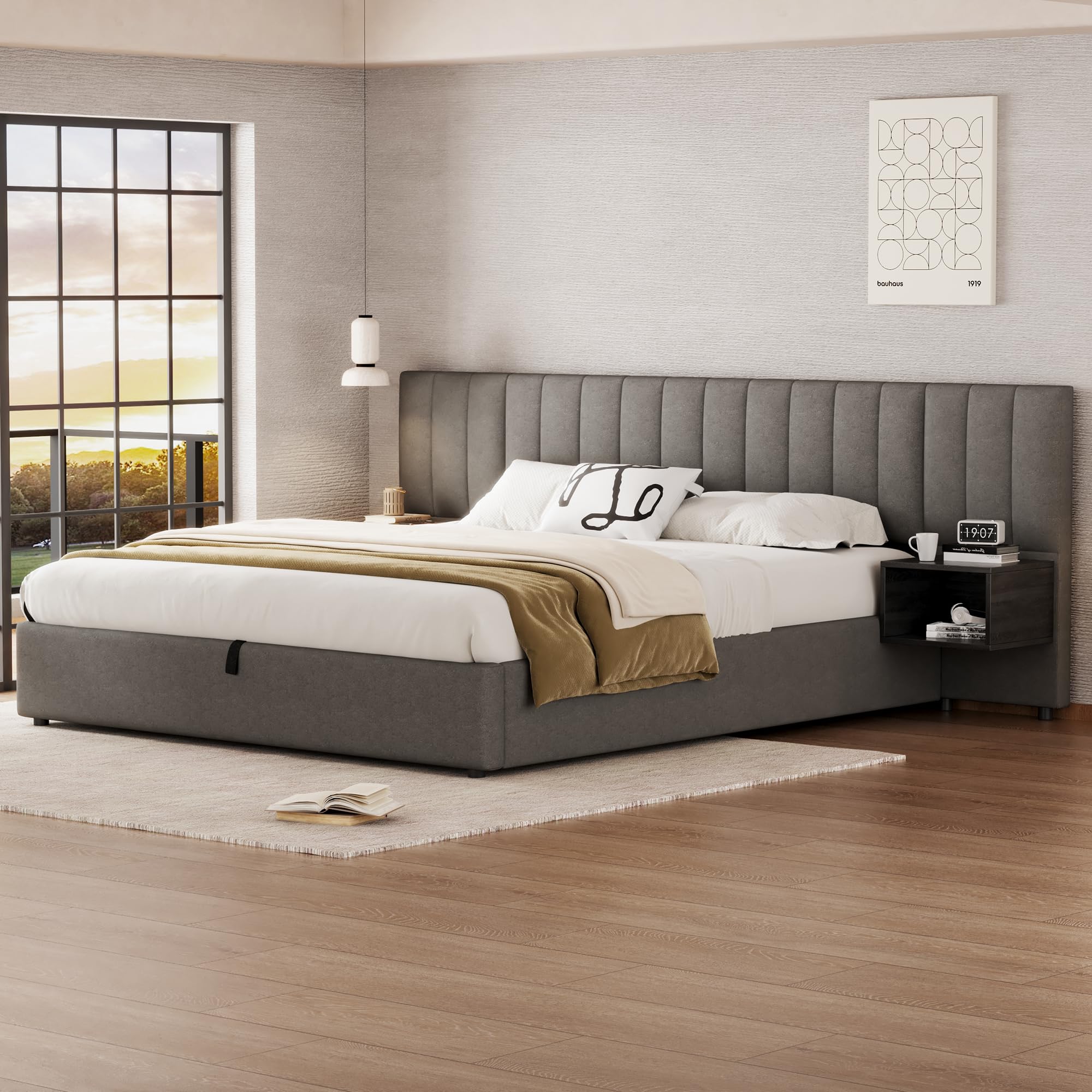 Cama Tapizada 180 x 200 cm con Almacenaje Hidráulico y Dos Mesillas con Cajones, Somier de Láminas de Madera, Cama para Dormitorio de Adultos y Jóvenes, Fácil Montaje, Tela Lino, Gris y Negro