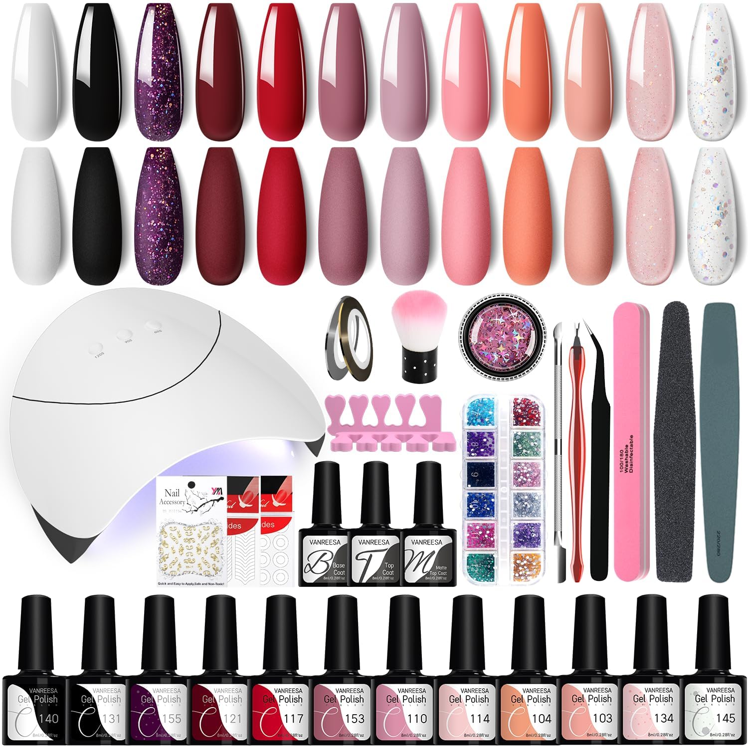 VANREESA Kit Uñas Semipermanentes 12 Colores Uñas Semipermanentes Kit con Lámpara de Uñas U V 36W Kit Manicura Semipermanente con Base Top Mate Coat Regalos para Mujeres
