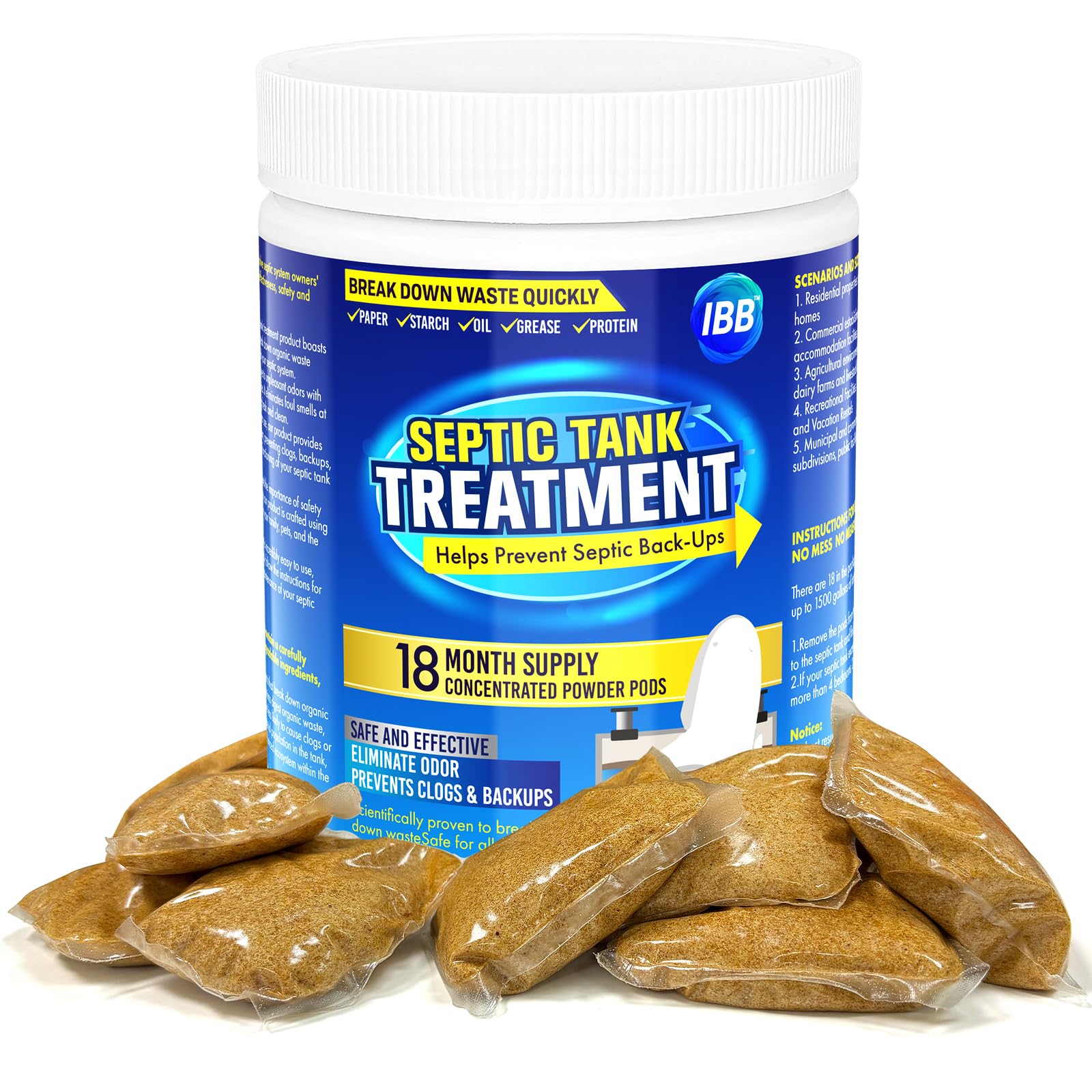 IBB Septic Tank Treatment Pods - 18 Count Packets - Prevent Expensive Sewage Backups