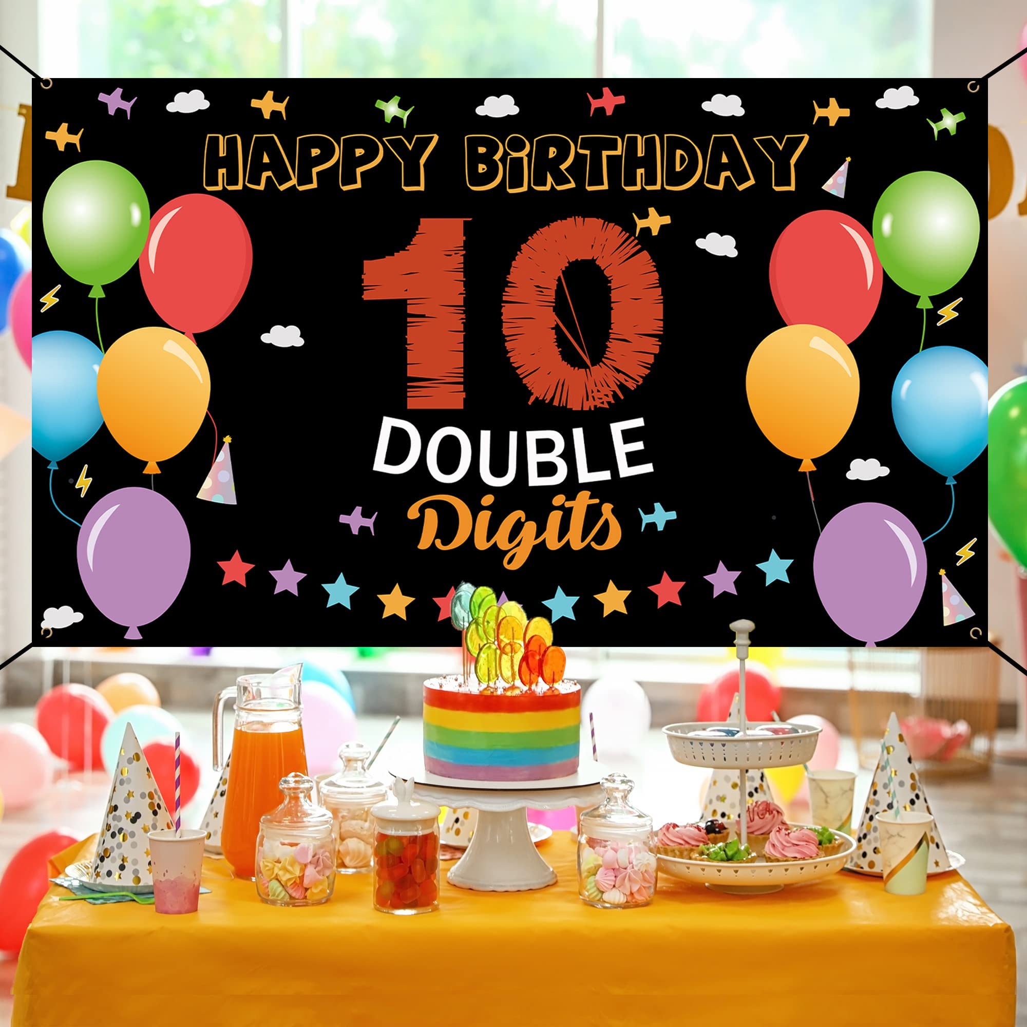 10th Birthday Backdrop Banner - 6.1x3.6 Ft Double Digits Party Decor, Fabric Yard Sign, Photo Prop