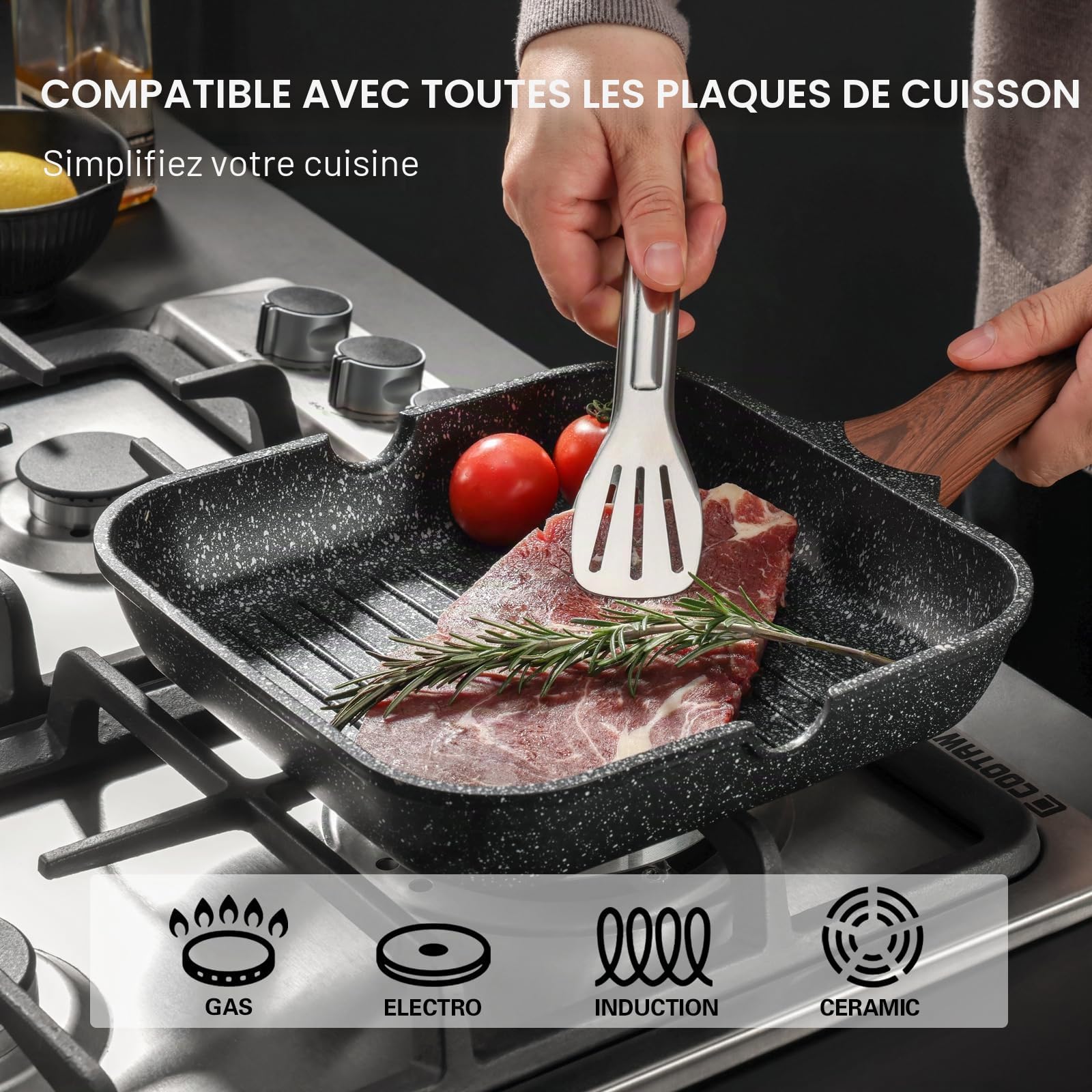 Kordisen Poêle à griller antiadhésive pour plaque de cuisson, 24 cm carré, avec revêtement en granit, bec verseur, compatible induction, poêle à steak polyvalente, sans PFOA