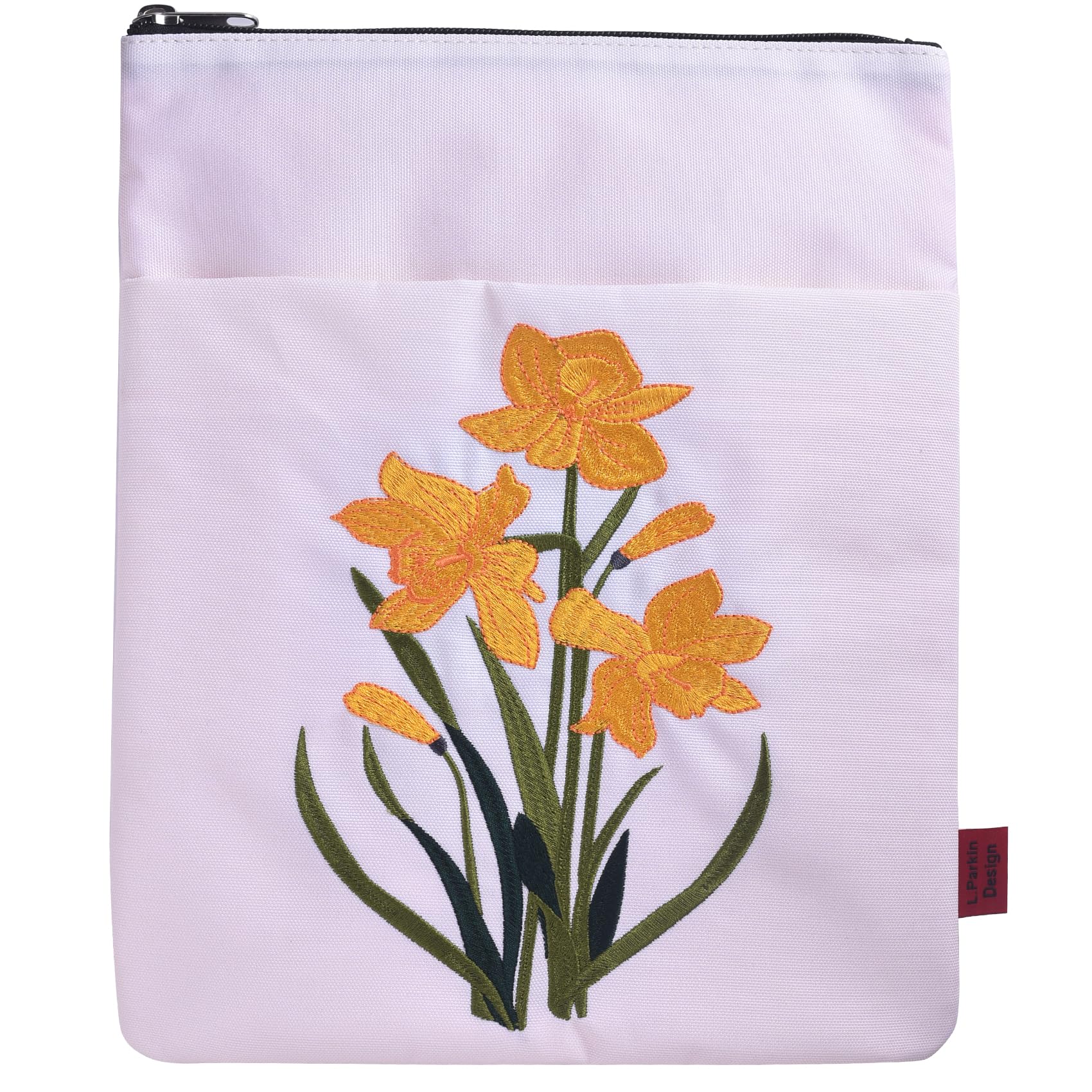 LParkin Birth Flower Embroidery Book Sleeve, March Daffodil Birth Month Flower Book Pouch with Zipper, Birthday Gifts, Birth Month Flowers Gifts Book