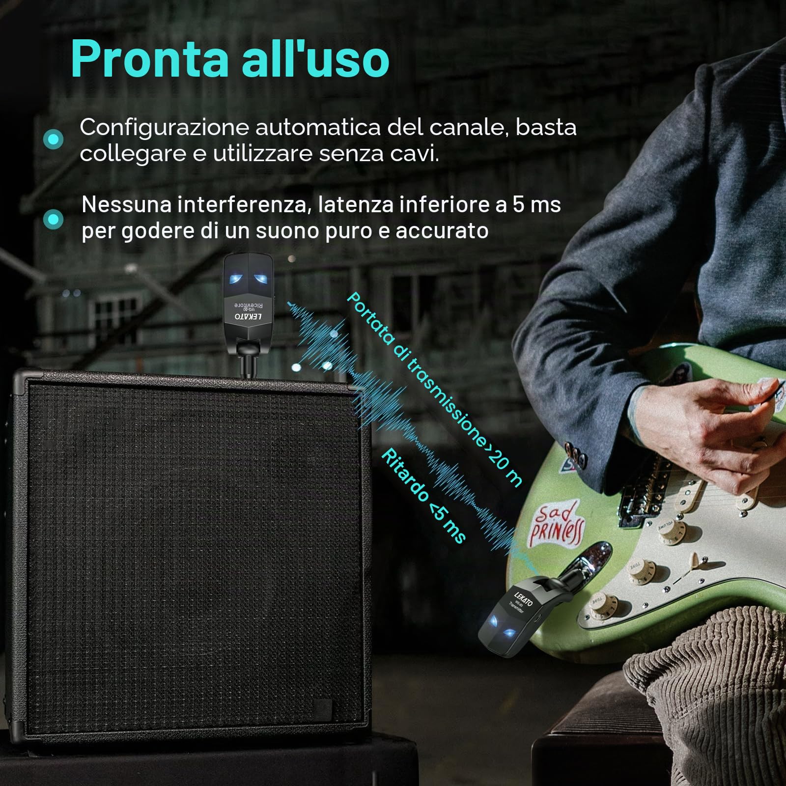 LEKATO Ricevitore Trasmettitore Wireless per Chitarra 2.4GHz Cavo per Chitarra Runtime 8H Dispositivo Wireless Ricaricabile per Basso Digitale per Basso(WS80)