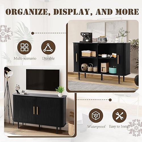 Miniatura 7 de Aparador estriado con almacenamiento, gabinete de tambor de mediados de siglo de 47 pulgadas con puertas deslizantes y estantes, gabinetes de búfer