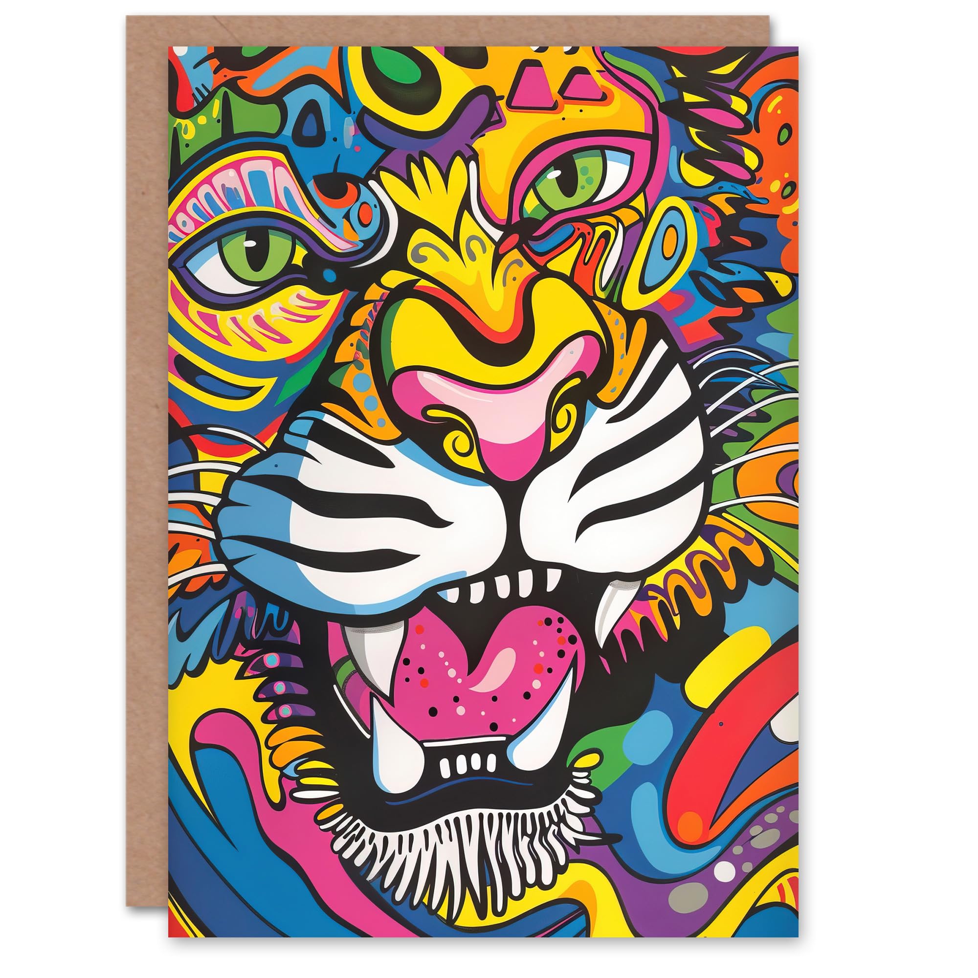Artery8 Colourful Arty Tiger Portrait Fun Bold Hippy Greeting Birthday Card Him Her All Blank