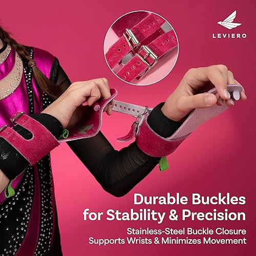 Miniatura 8 de Juego de agarres de gimnasia para niñas de gimnasia, agarres con cuero suave, cierre de muñeca de doble hebilla y agujeros ajustables para los