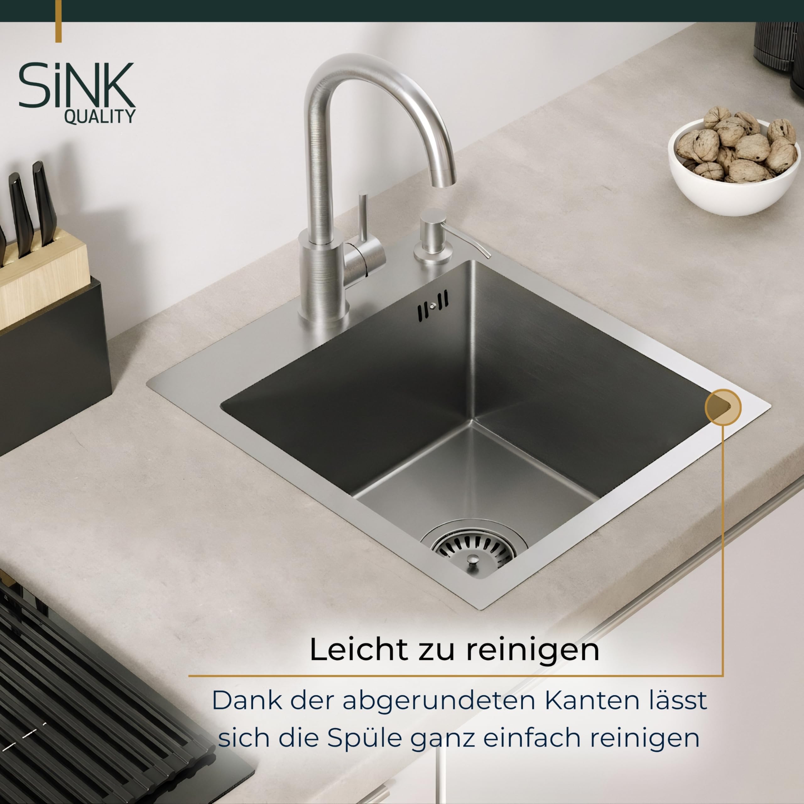 SINK Quality Lavello Cucina 40x45 cm | Acciaio Inox 304 | Vasca Singola Antigraffio PVD | Insonorizzato e Anticondensa | Sifone Salvaspazio Incluso | Ideale per Base 40 cm