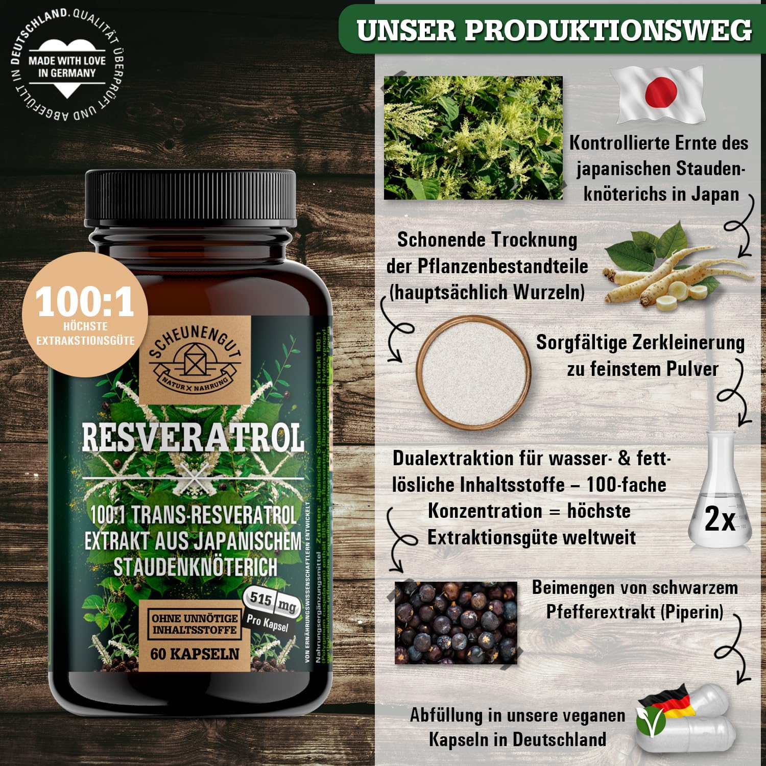 Resveratrol 1000mg -WICHTIG: 100:1 Extrakt (=100000mg jap. Staudenknöterich Wurzel je Tagesdosis) +Piperin -98% Trans-Resveratrol Hochdosiert- Laborgeprüft +Vegan DE SCHEUNENGUT®