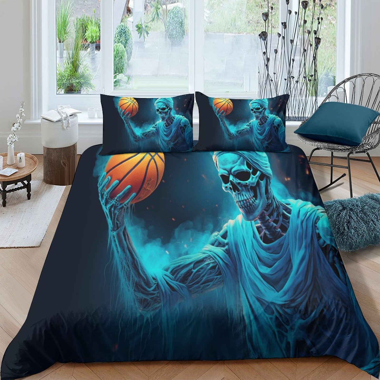 Baloncesto esqueleto Copripiumino 3D Stampato Con Federe,Deportes Bedding Set Con Copripiumini Chiusura A Cerniera, Morbida Microfibra Quilt Cover King（220x240cm）