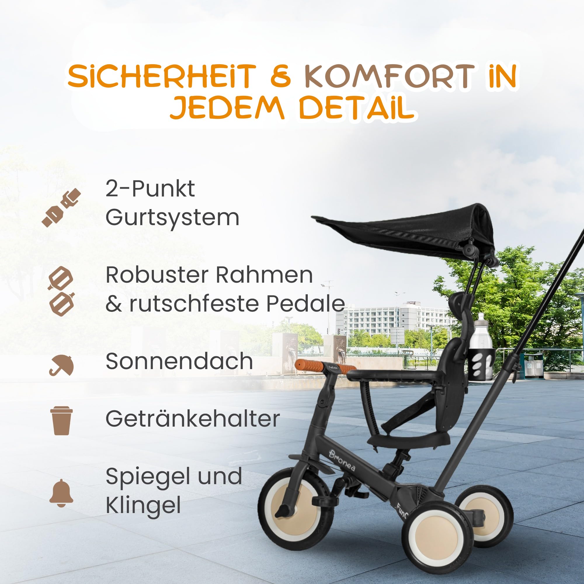5-in-1 Dreirad ab 1 Jahr mit Schubstange | Wächst mit Ihrem Kind vom Kinderdreirad bis Laufrad | Mit Gurt, Dach & Zubehör wie Getränkehalter, Spiegel, Klingel (Grau)
