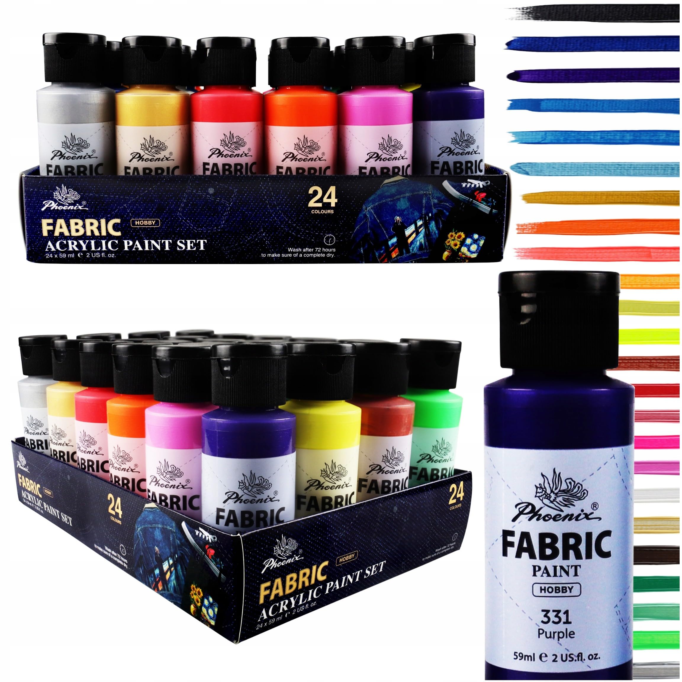 Phoenix Textilfarben Set 24x59 ml, Stofffarbe für helle & dunkle Stoffe (inkl. Neon, Metallic, Perlmutt), Waschfeste Farben für Kleidung, T-Shirts & DIY, Stoffmalfarben ohne Fixieren