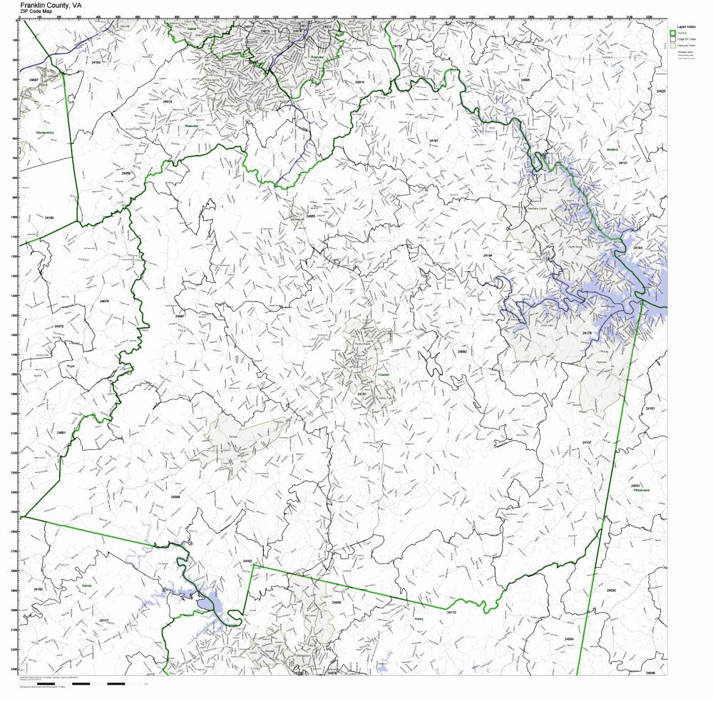 Franklin County, Virginia VA ZIP Code Map Not Laminated