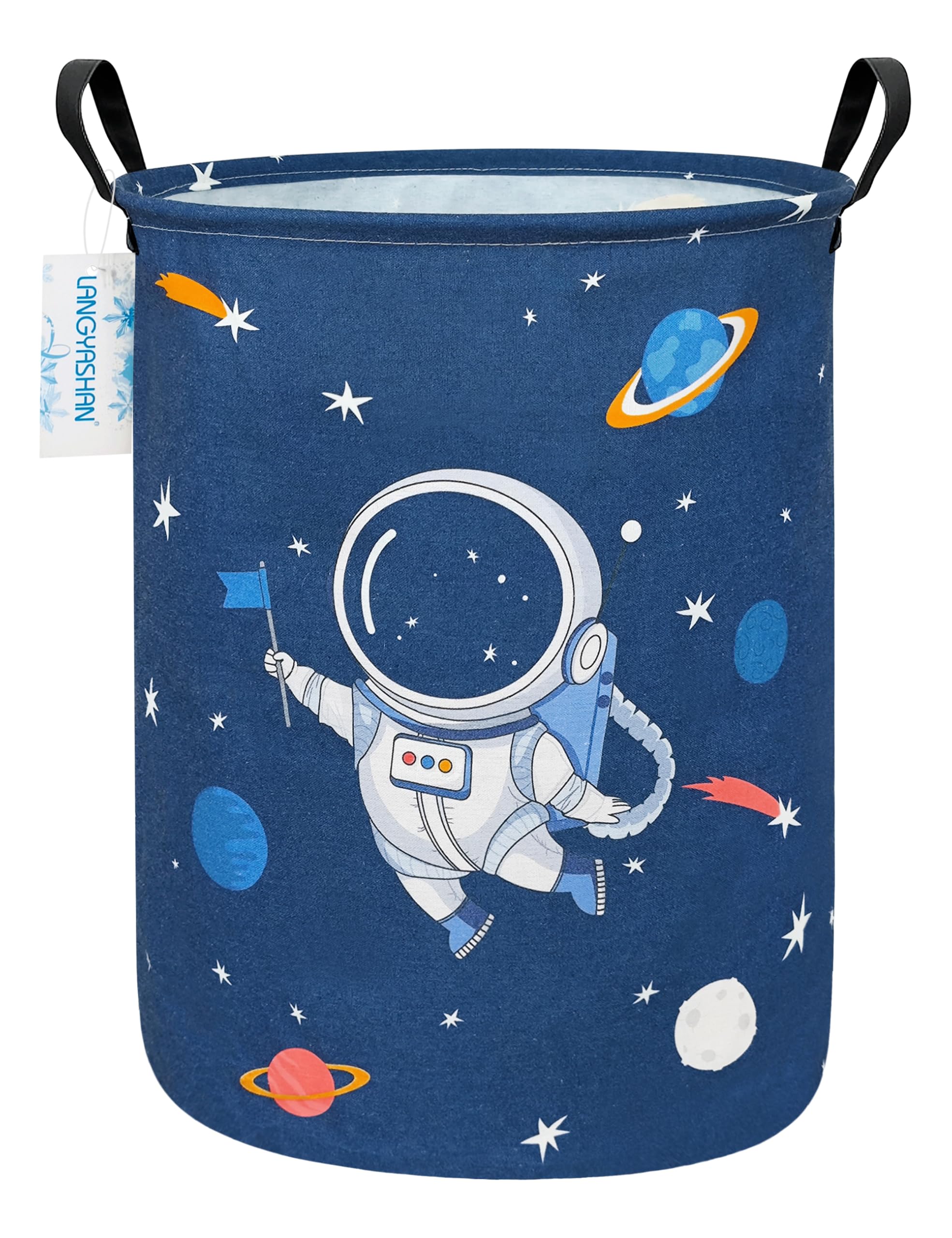 LANGYASHAN Laundry Basket Canvas Fabric Collapsible Organizer Basket for Storage Bin Toy Bins Gift Baskets Bedroom Clothes Children Nursery Hamper (Blue Space Astronaut)-image-15