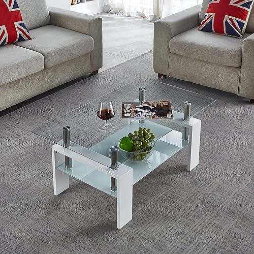 Miniatura 5 de Mesa de centro con protectores de esquina de seguridad, mesa de centro de vidrio, mesa central de vidrio de 2 niveles con estante de vidrio