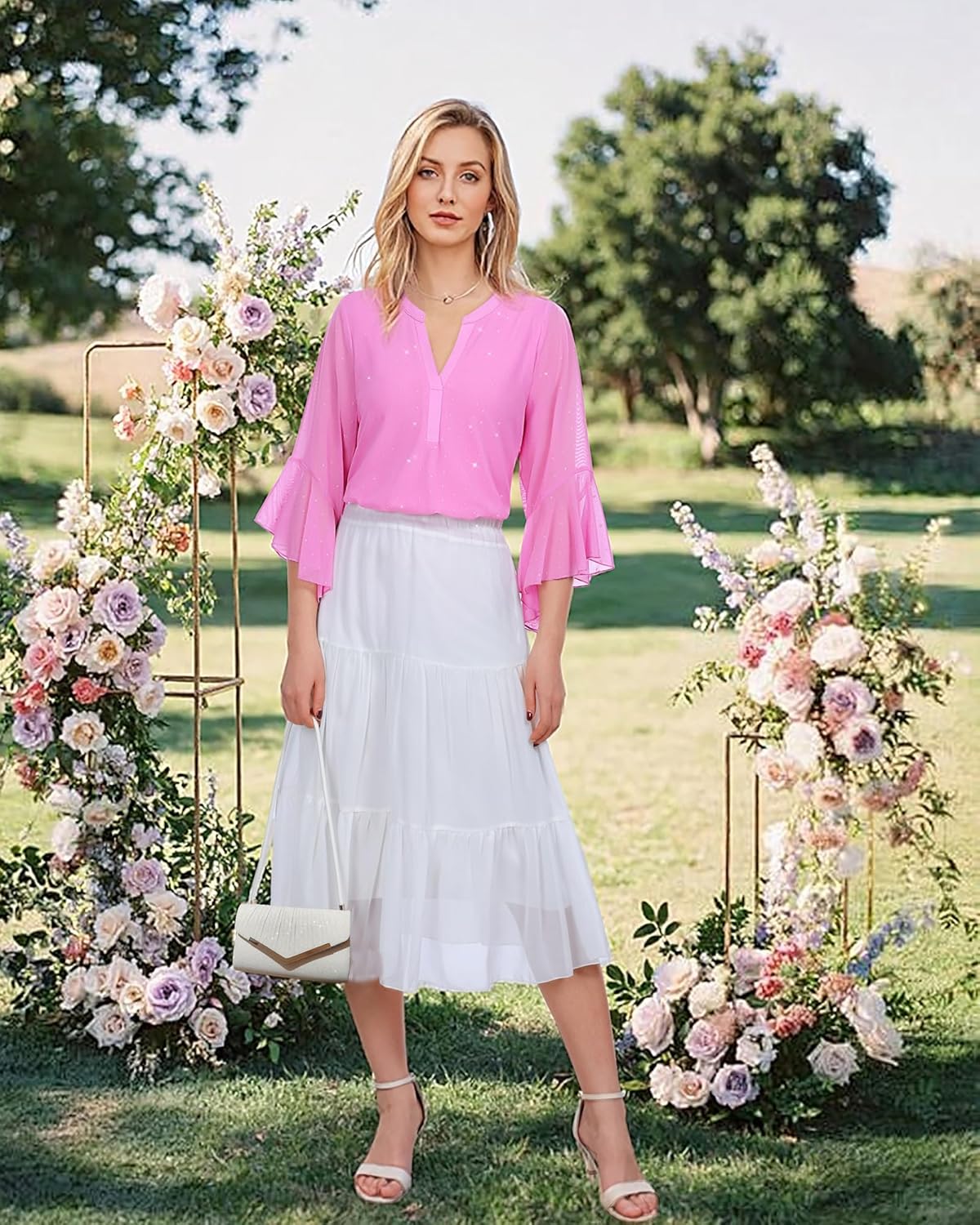 Lotusmile Women's 3/4 Sleeve Dressy Tops Elegant V Neck Blouse for Women Casual Work Evening Party - Image 3