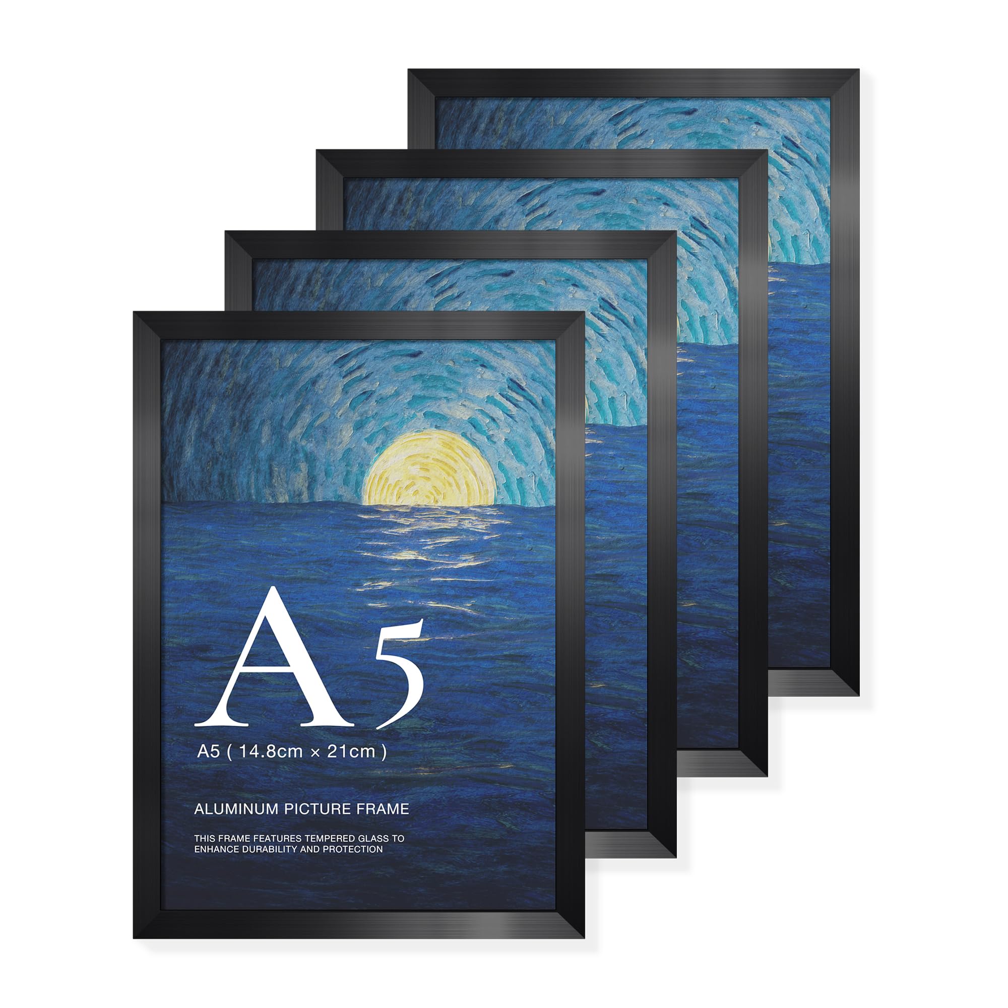 LIVINGTASTE Bilderrahmen A5 Aluminium Schwarz gebürstet mit gehärtetem Glas, 4 Stück passt für 14,8x21 cm Fotos, ideal für Kinderzimmer Deko 4pk