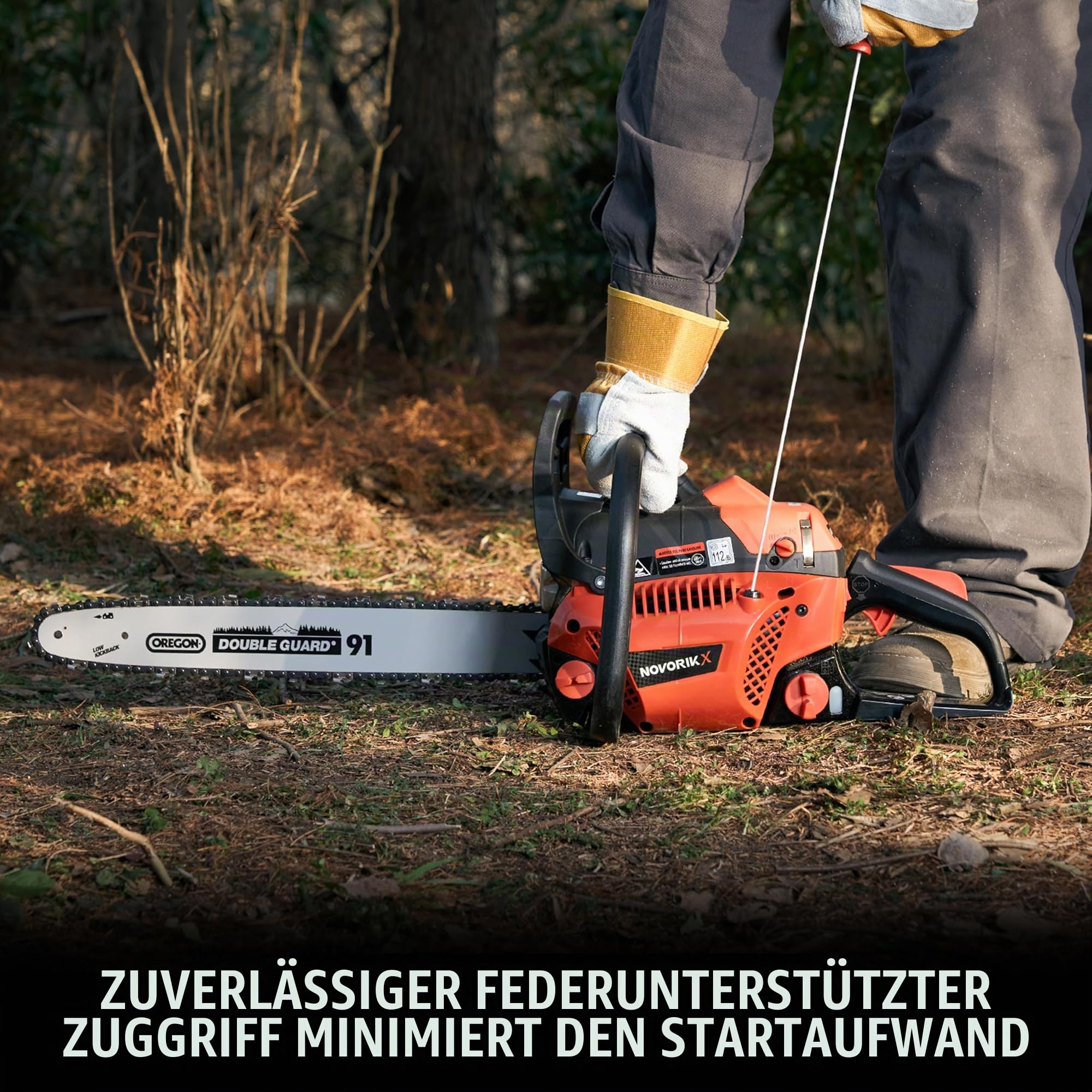 NovorikX Benzin-Kettensäge 50CC (50cm³ Hubraum) 20" (50.8cm) Schnittlänge, 2,1kW Motorleistung, 12000rpm, GS-geprüft, 600ml Tank | für Brennholz, Baumschnitt & Gartenpflege inkl. Oregon Schwert-Set