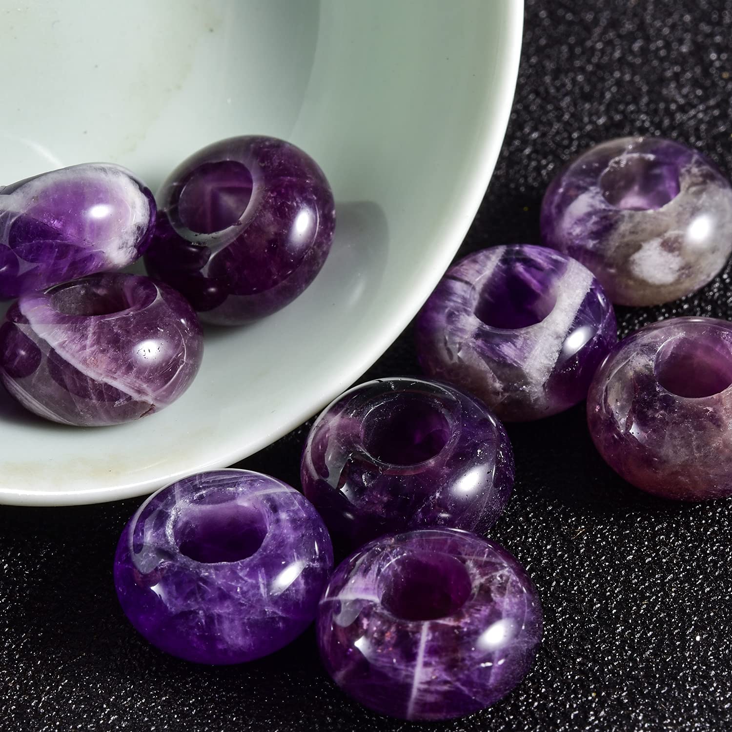 Asingeloo Natural Purple Amethyst Stone Beads Large Hole (5-6mm) Polished Rondelle European Beads for Charm Bracelets,Jewelry Making, 8X14mm,Pack of 25