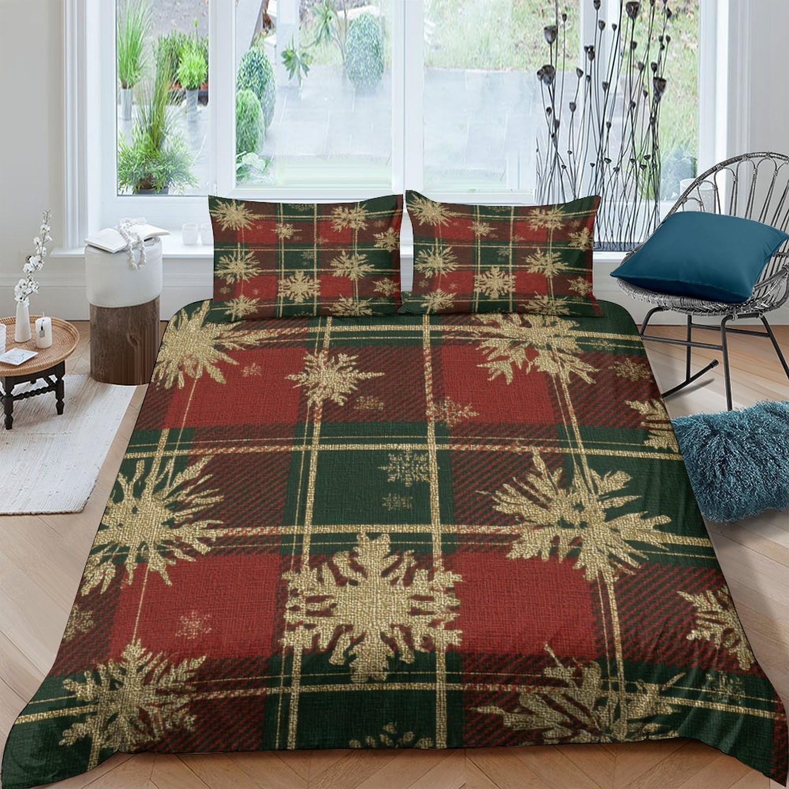 Ctjqhvkz Style-7 3D Printed Plaid Snowflake Fitted Sheet Microfiber Christmas Red Green Bed Cover Non-Slip Machine Washable For Bedroom Single（135X200cm）