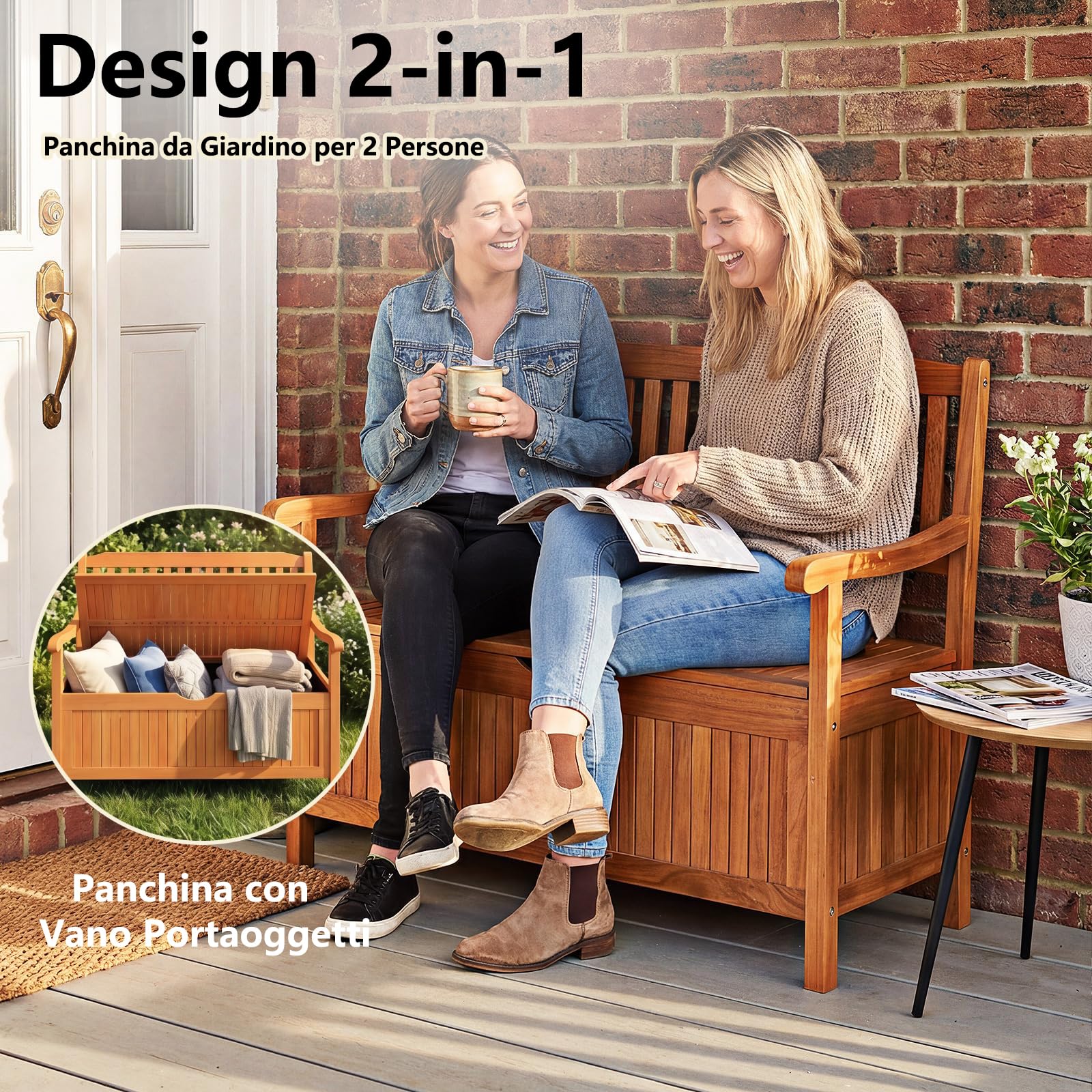 RELAX4LIFE Panchina da Esterno 2 Posti, Panca Contenitore in Legno di Acacia con Cassapanca, Schienale e Braccioli, Strato Interno Impermeabile, Max 360KG per Interno/Giardino (Arancione, 107×59×90cm)