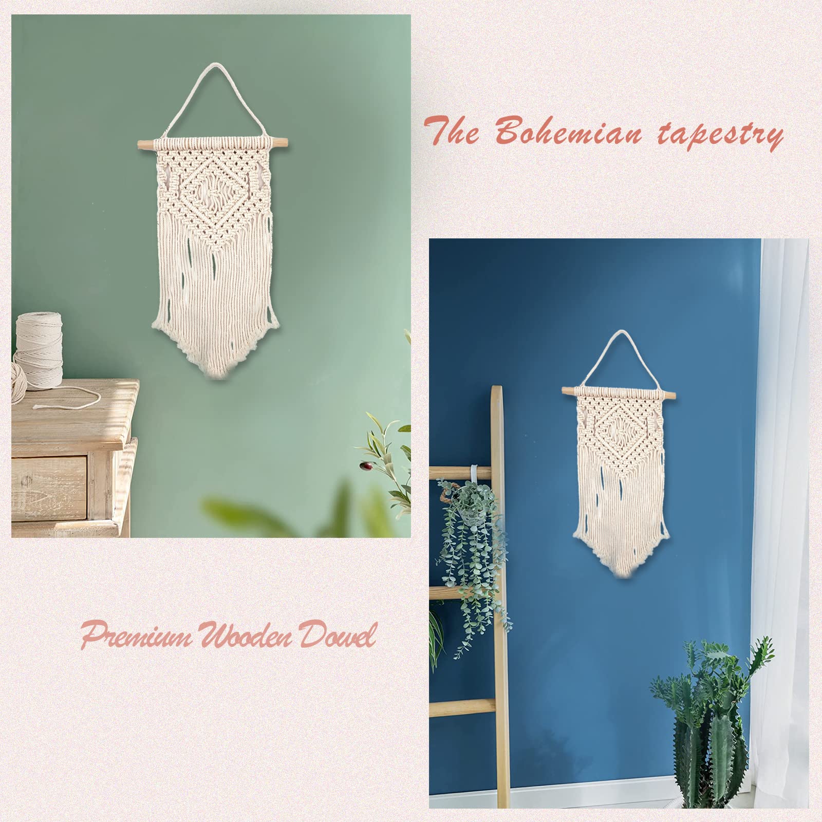 2 Pièces Main Macramé Hanging Tapisserie, Deco Murale Boheme, Tapisserie Murale, Macramé Mural, 20 * 30CM, Tissé à La Main, Gland, Hôtel, Salon, Chambre à Coucher, Décoration De La Maison (Beige