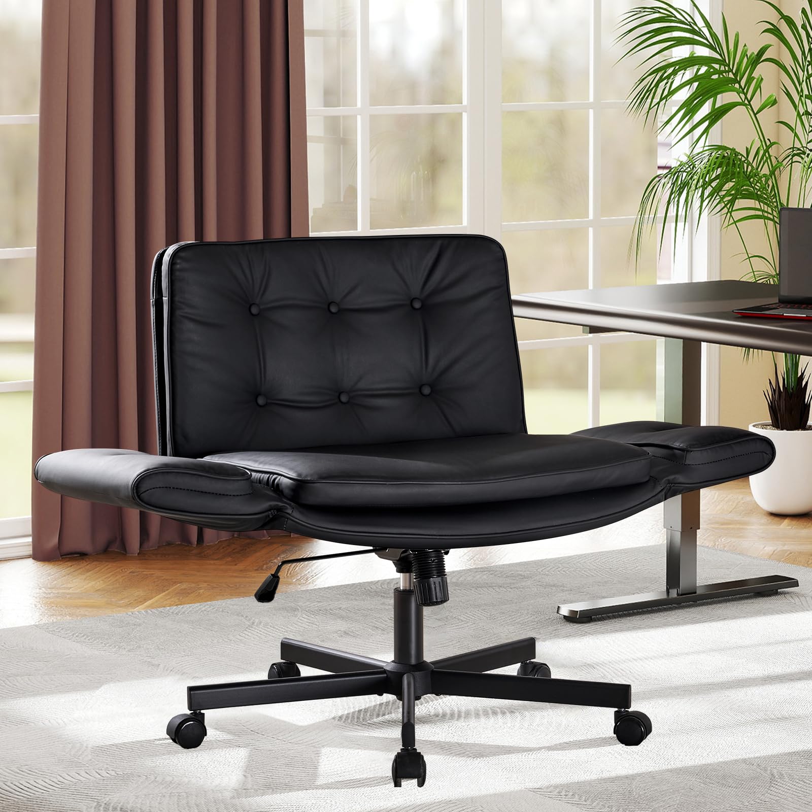 Bürostuhl Ergonomisch mit 5-Stufig Verstellbare Armlehnen, Schreibtischstuhl mit Breitem Sitzkissen, PU Leder Schneidersitz Stuhl mit Neigefunktion, Höhenverstellbar Drehstuhl, Schwarz
