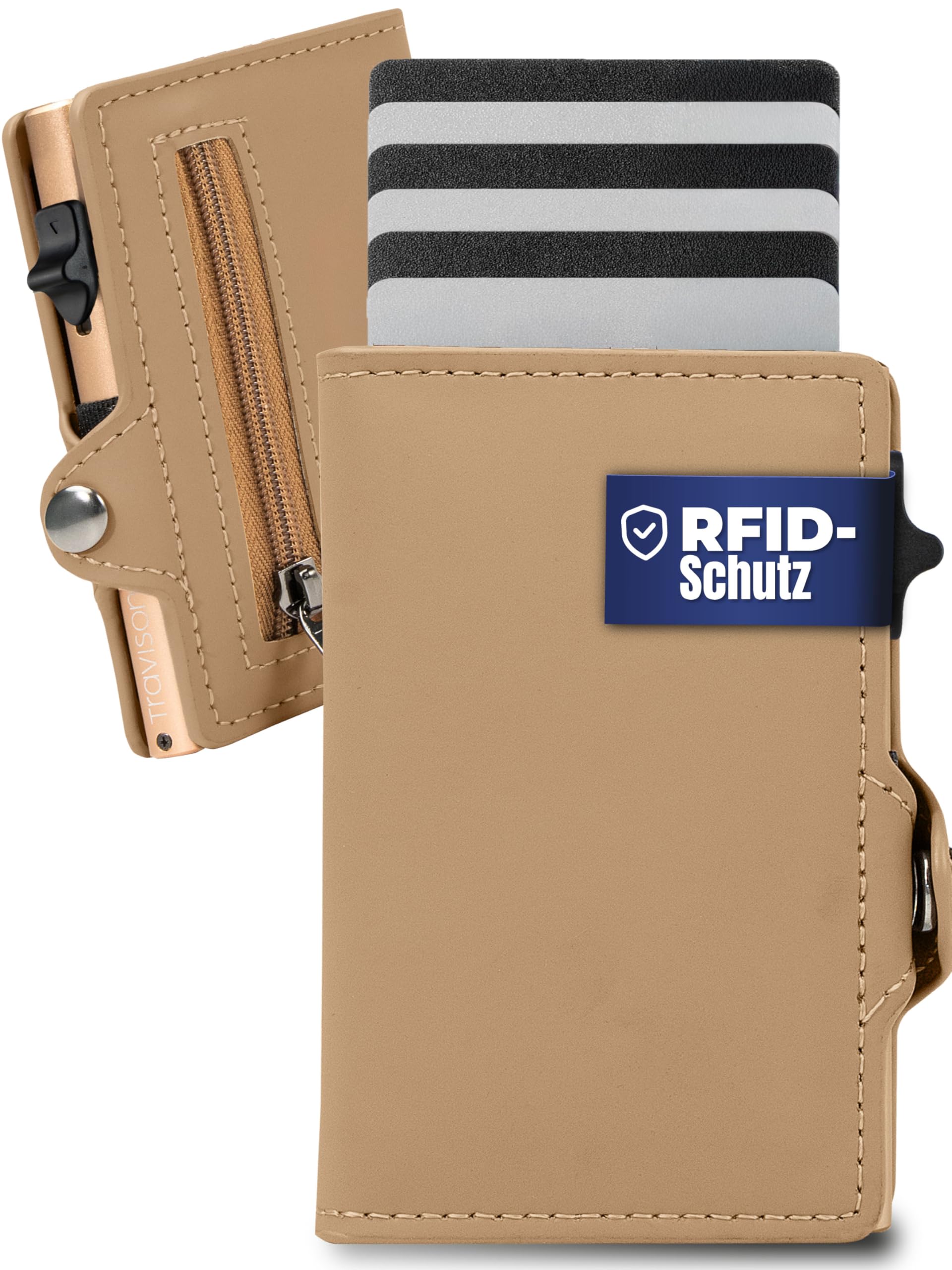 Travison® SMART Wallet mit Münzfach und Geldscheinfach - Kartenetui mit Münzfach und Schnellzugriff - RFID-Schutz - Herren Geldbörse klein - Kreditkartenetui - Geldbörse mini (Dunkelbeige)