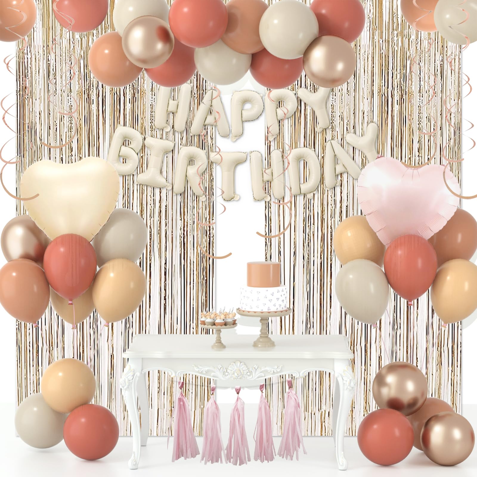 Beige Blush Pink Birthday Decorations for Women Girls with Blush Pink Nude Balloons, Boho Birthday Party Decorations of Cream HB Banner Balloons, Gold